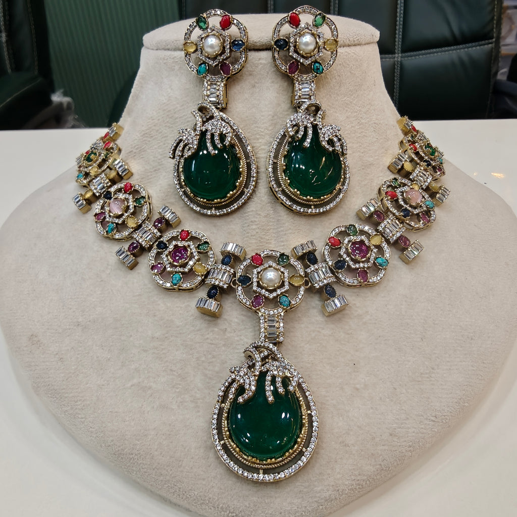 Manvika Sabya Inspired Navratan Necklace Set- Green