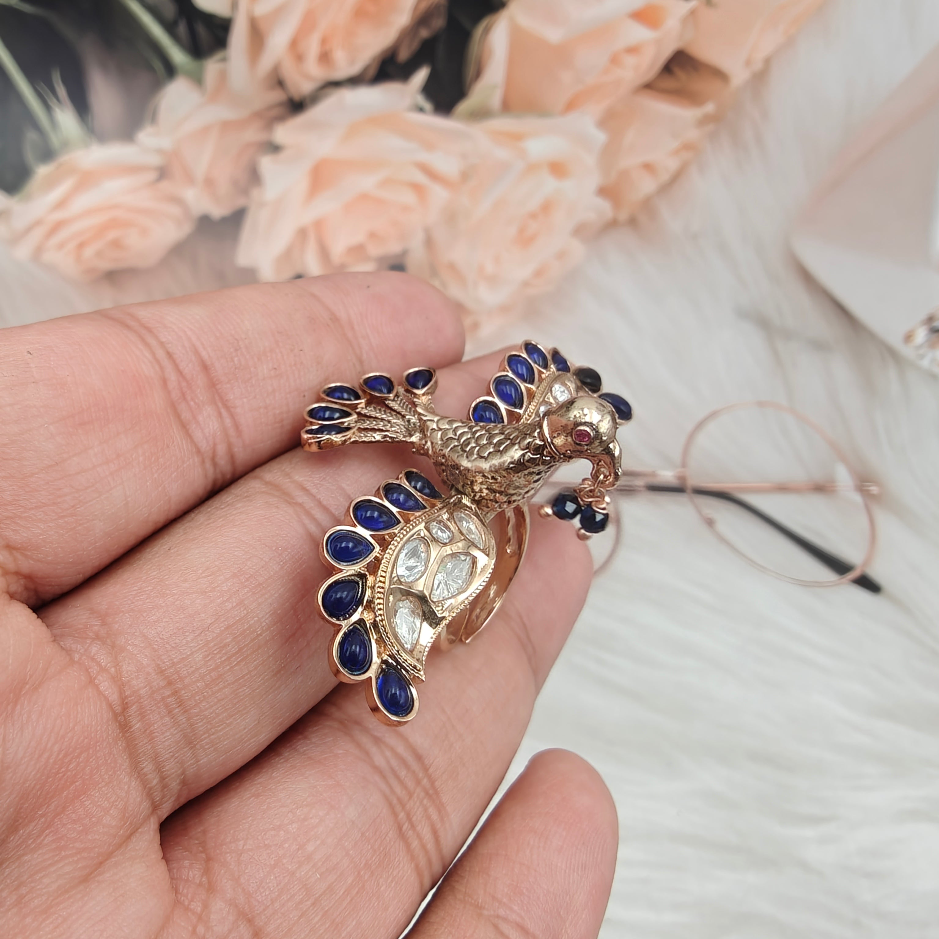 Bird Moissanite Adjustable Ring- Blue