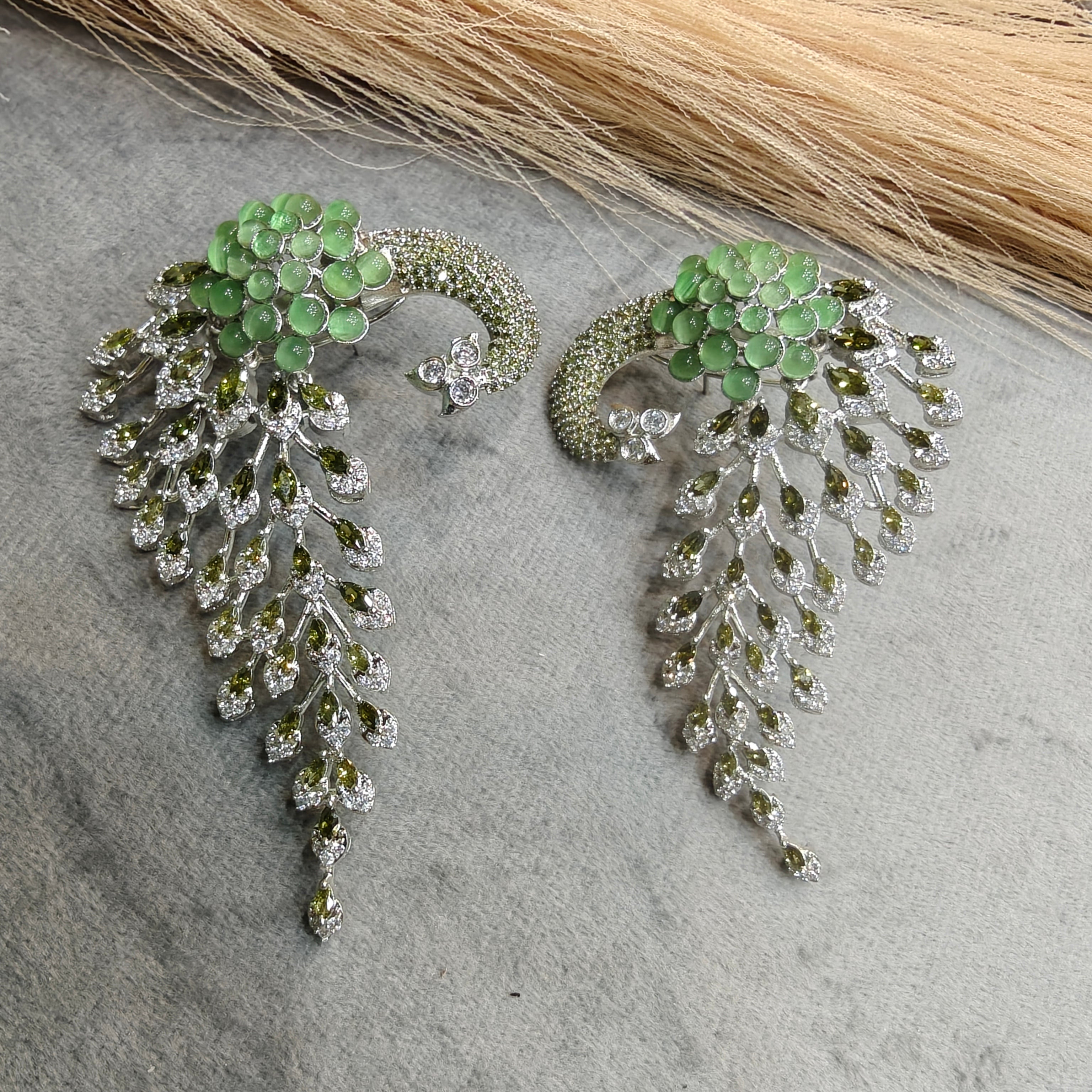Vantara Peacock Statement Silver Plated Earrings- Pista Green and Champagne Green