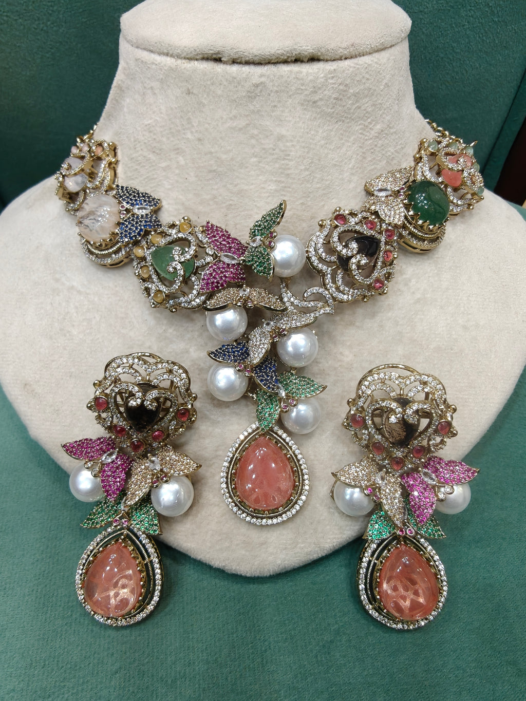Genelia Sabya Inspired Premium Gemstone and Pearls Statement Necklace Set- Coral Multi