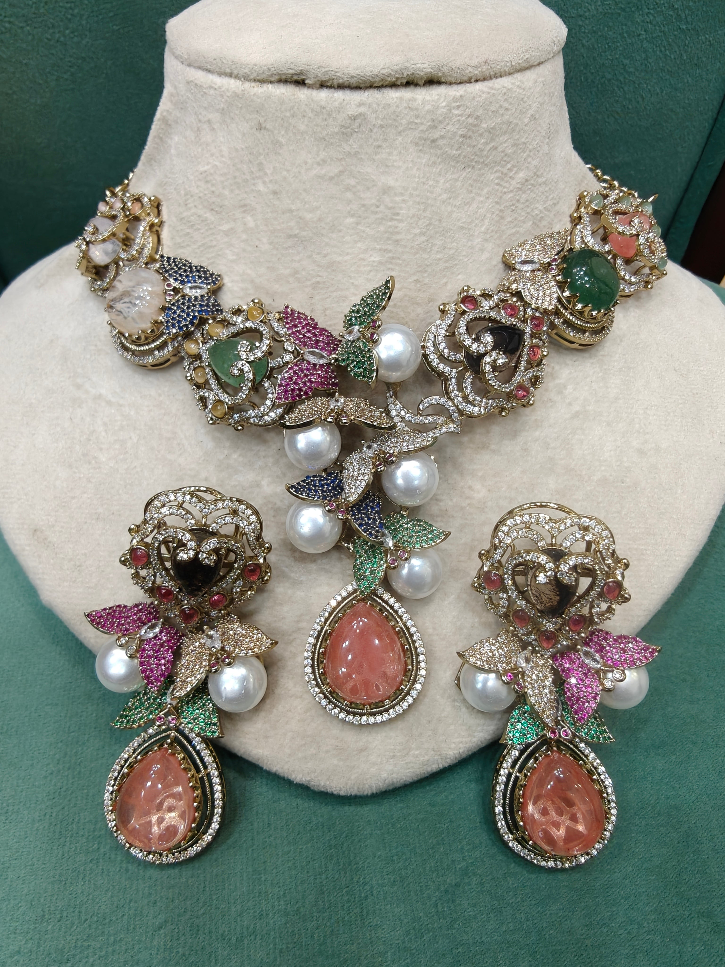 Genelia Sabya Inspired Premium Gemstone and Pearls Statement Necklace Set- Coral Multi