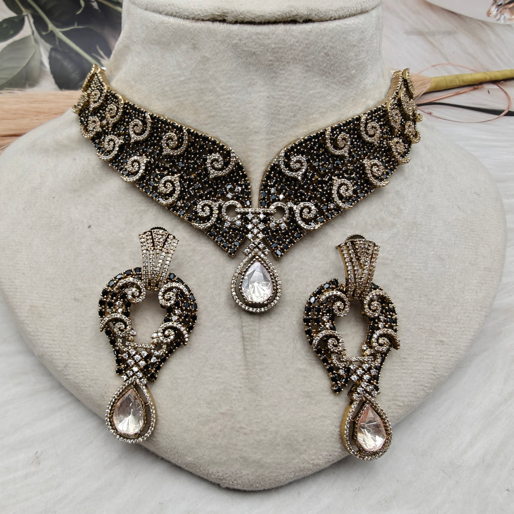 Noir Royale Moissanite CZ Victorian Necklace Set- Black