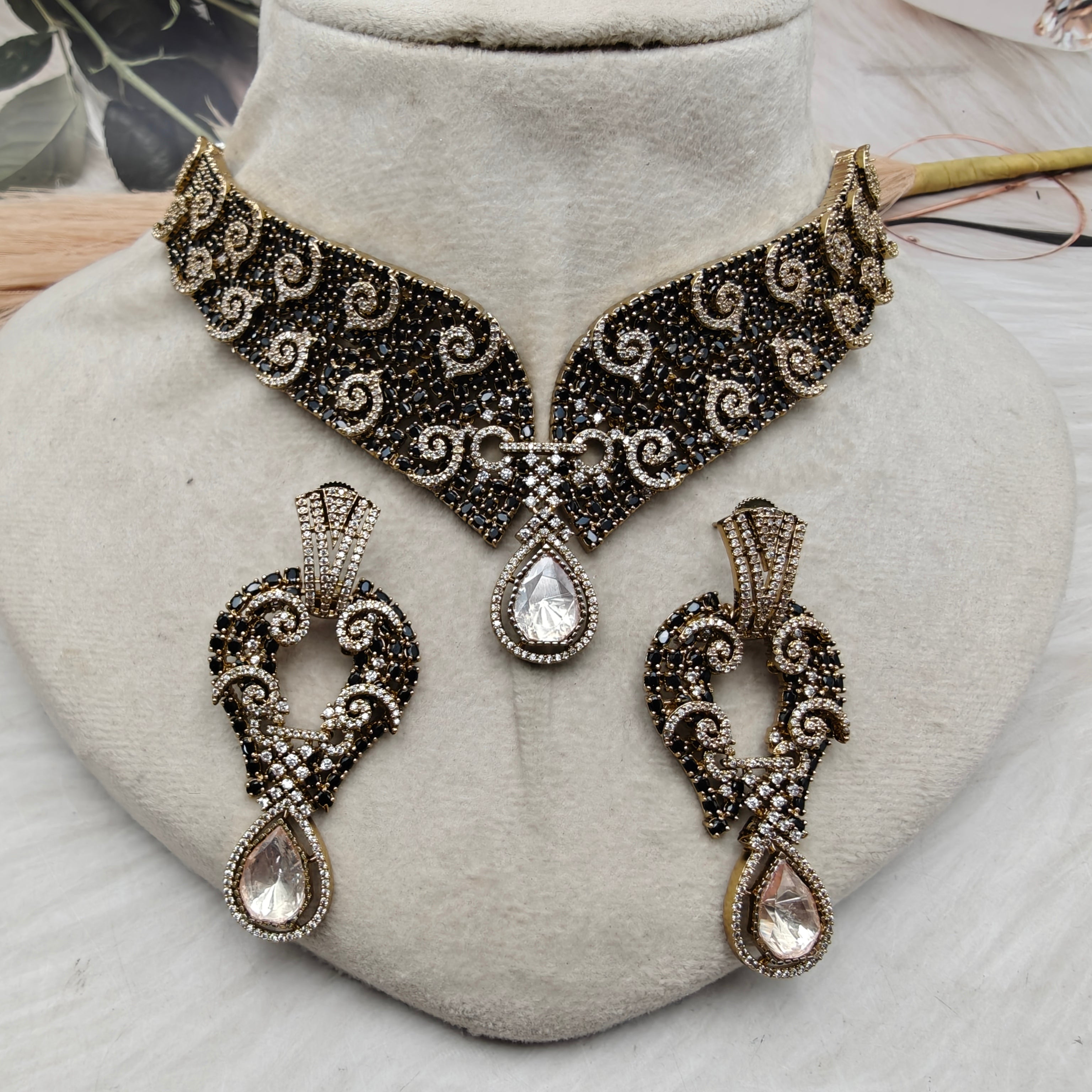 Noir Royale Moissanite CZ Victorian Necklace Set- Black