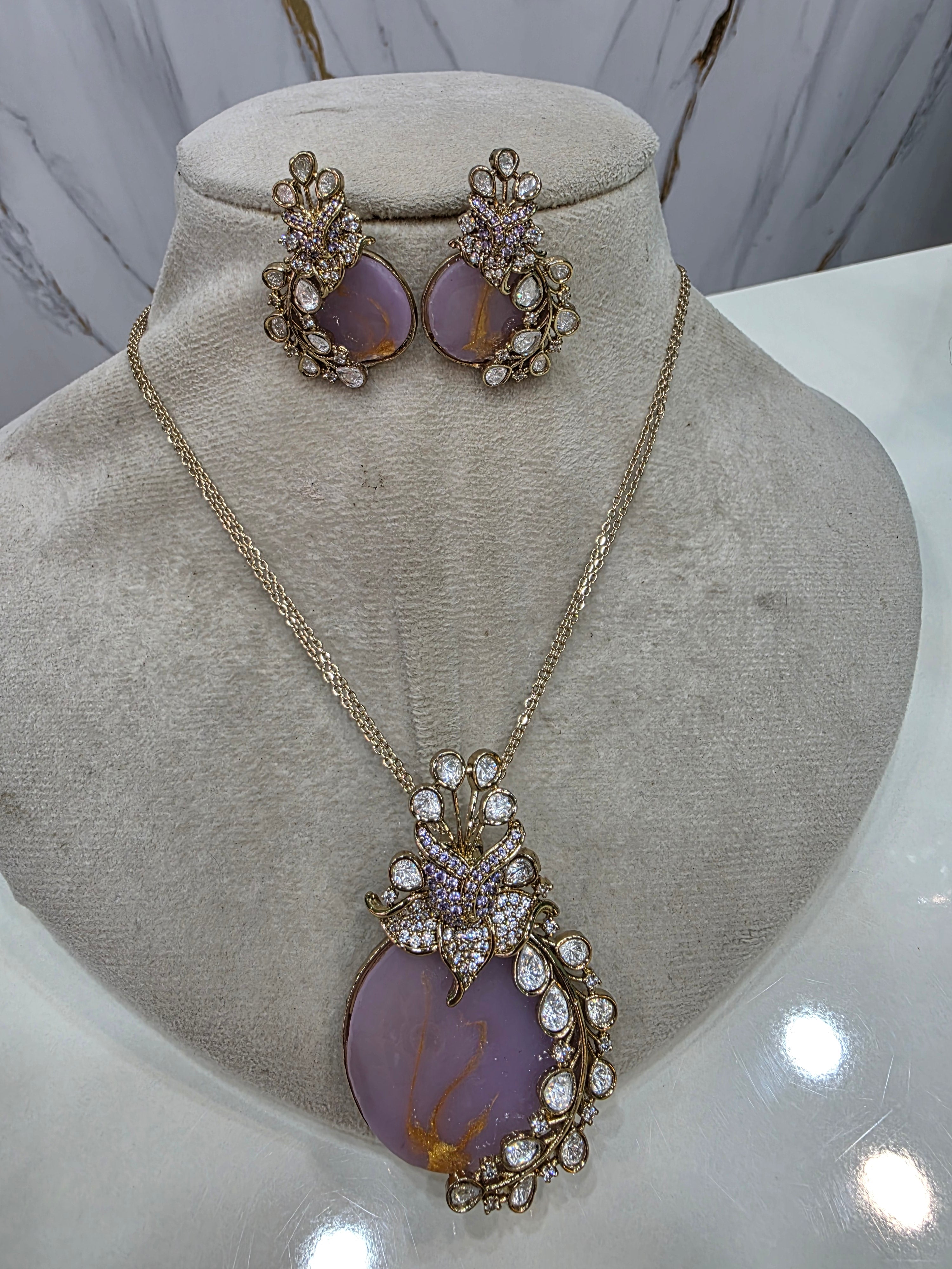 Raktika Natural Stone Statement Pendant Set- Lavender