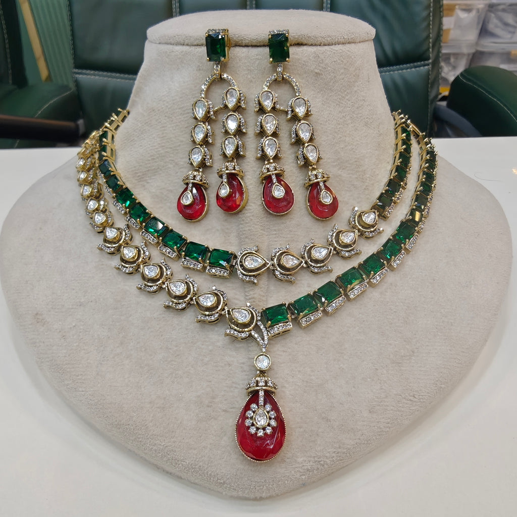 Mehrusa Polki AD Double Layer Necklace Set- Green Red