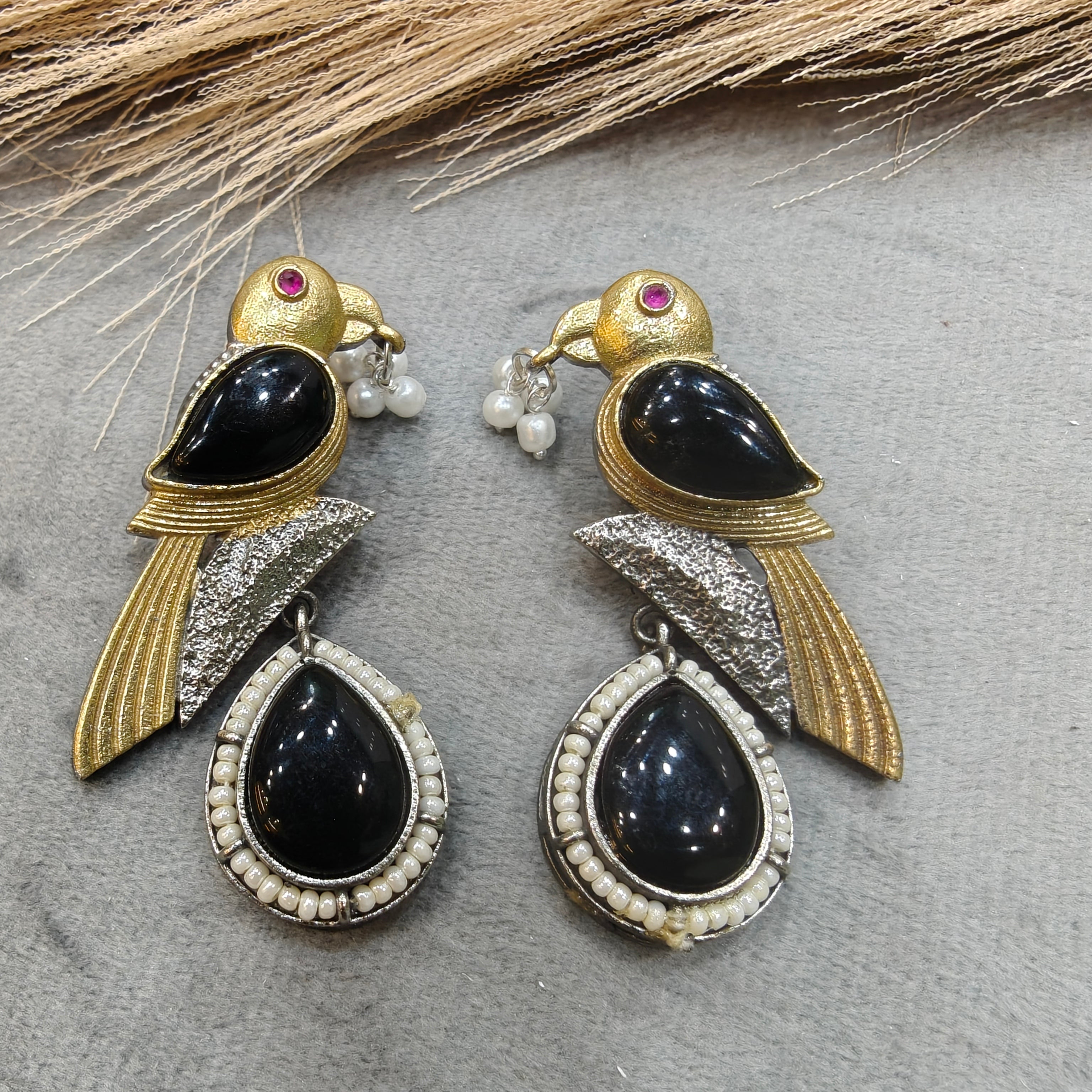 Silver oxidised Bird Earrings- Black