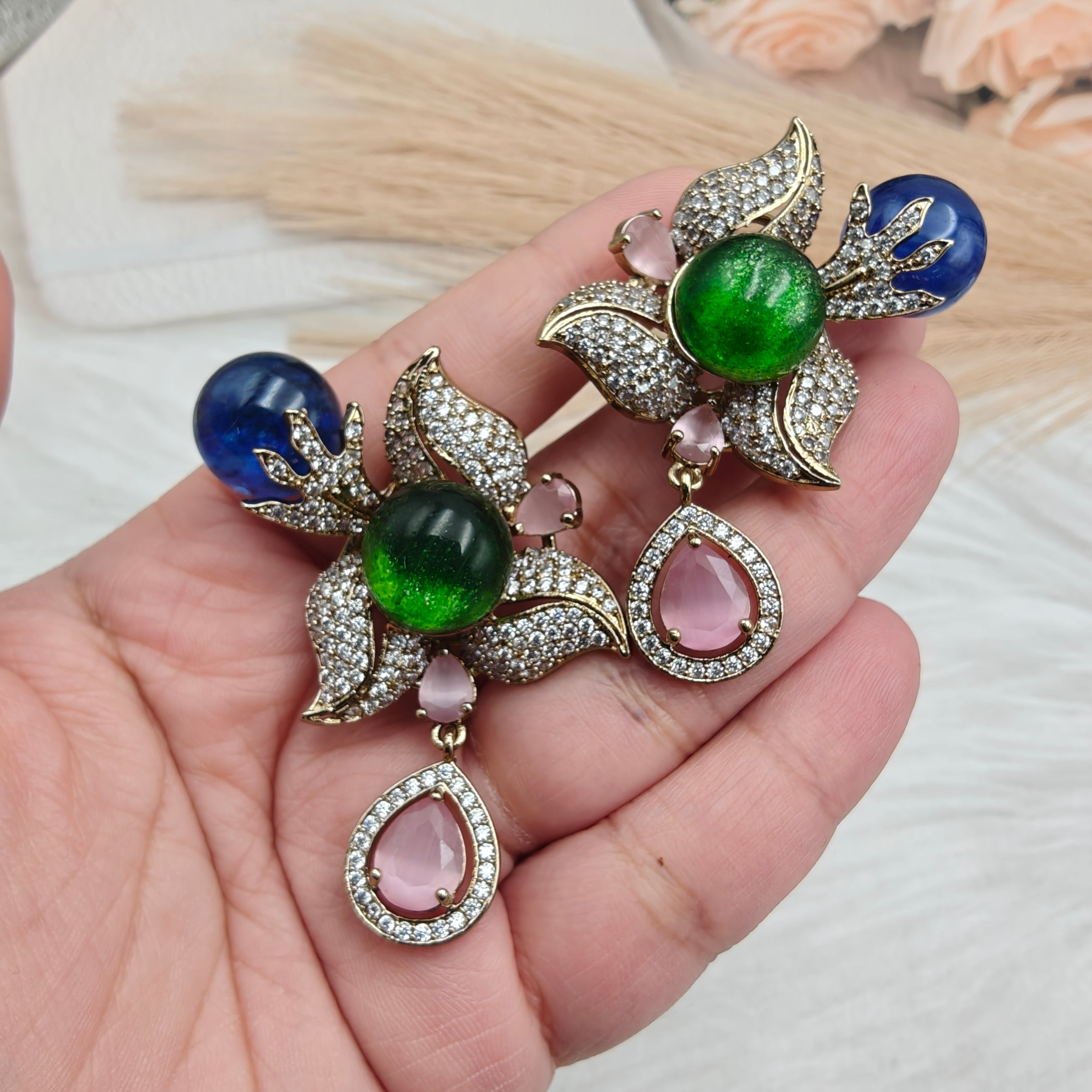 Nartika Sabyasachi Inspired Statement Gemstone Studs- Parrot Green Pink