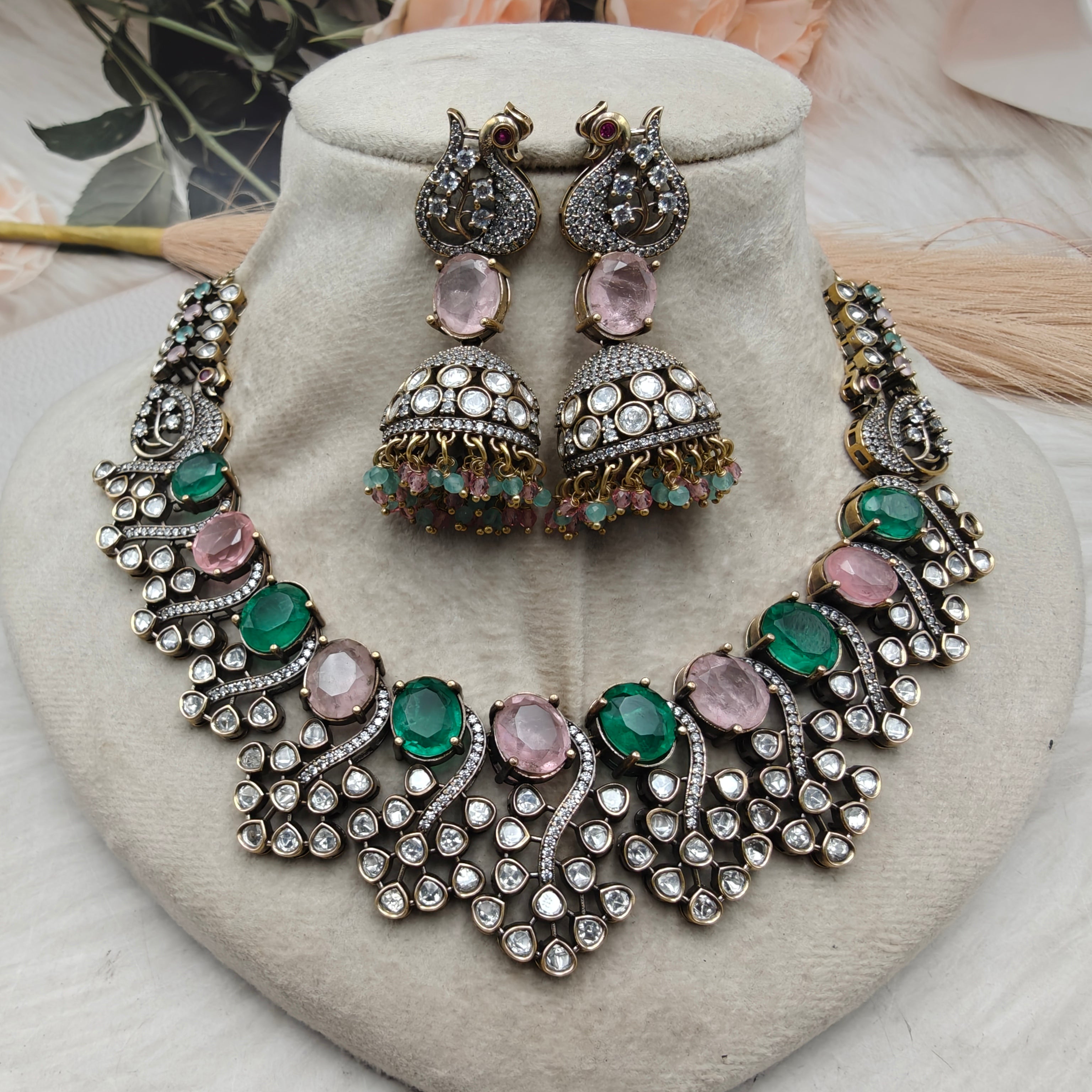 Zaynah Doublet Necklace Set- Mint Pink