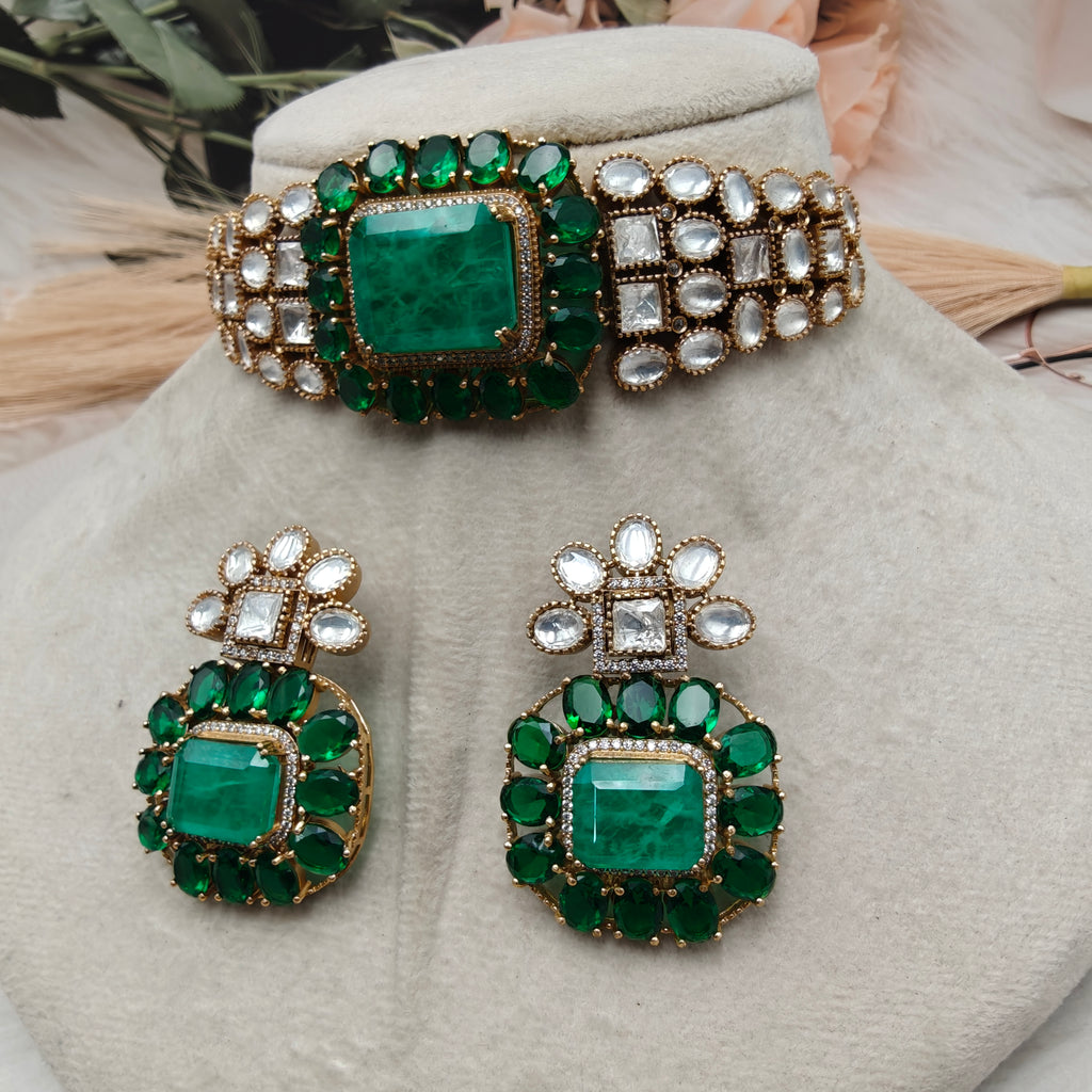 Vaishali Tanzanite Doublet and Moissanite Choker Set- Emerald Green