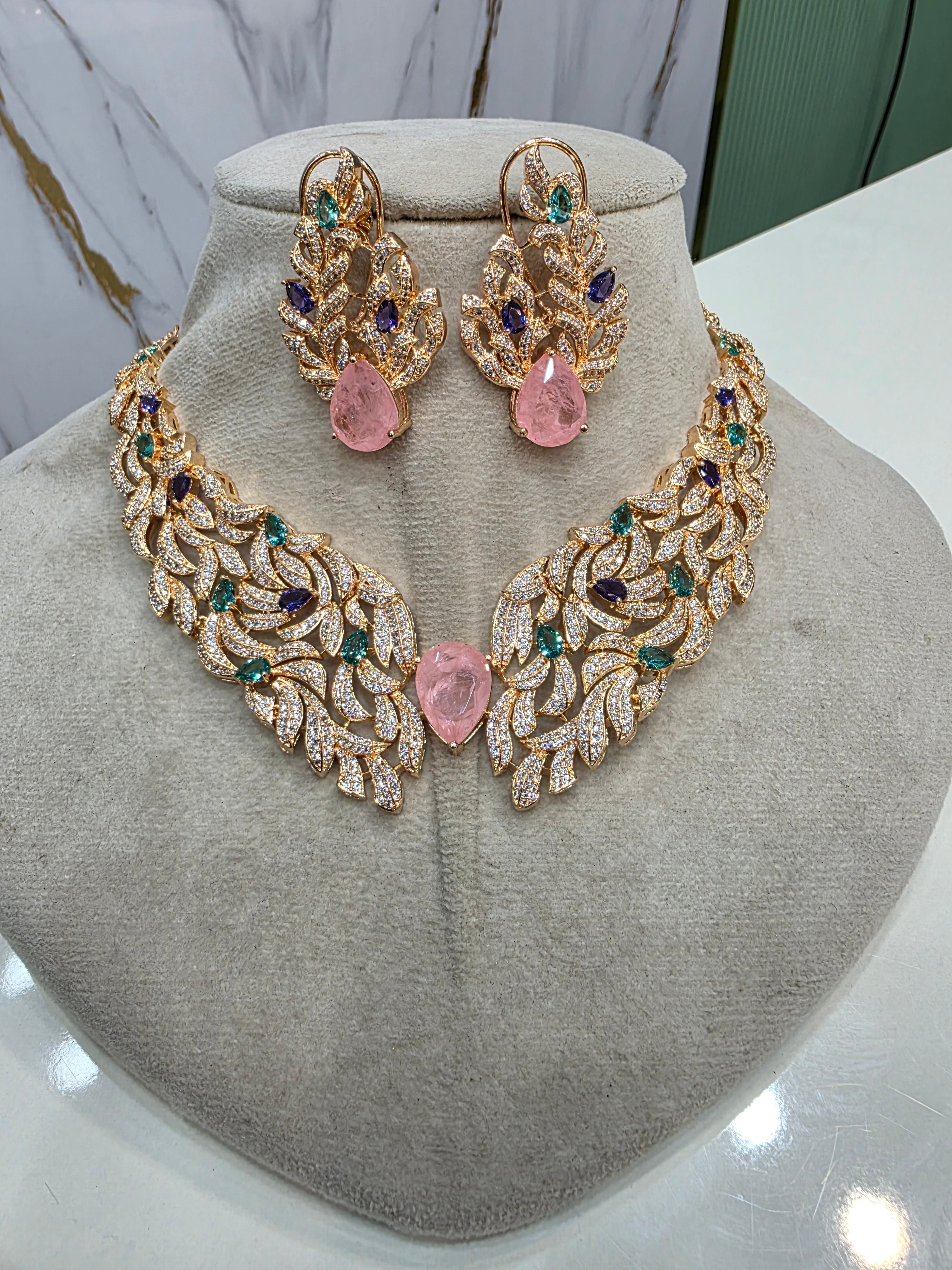Srishti Premium Carat Plating Russian Doublet Necklace Set- Pink Multi