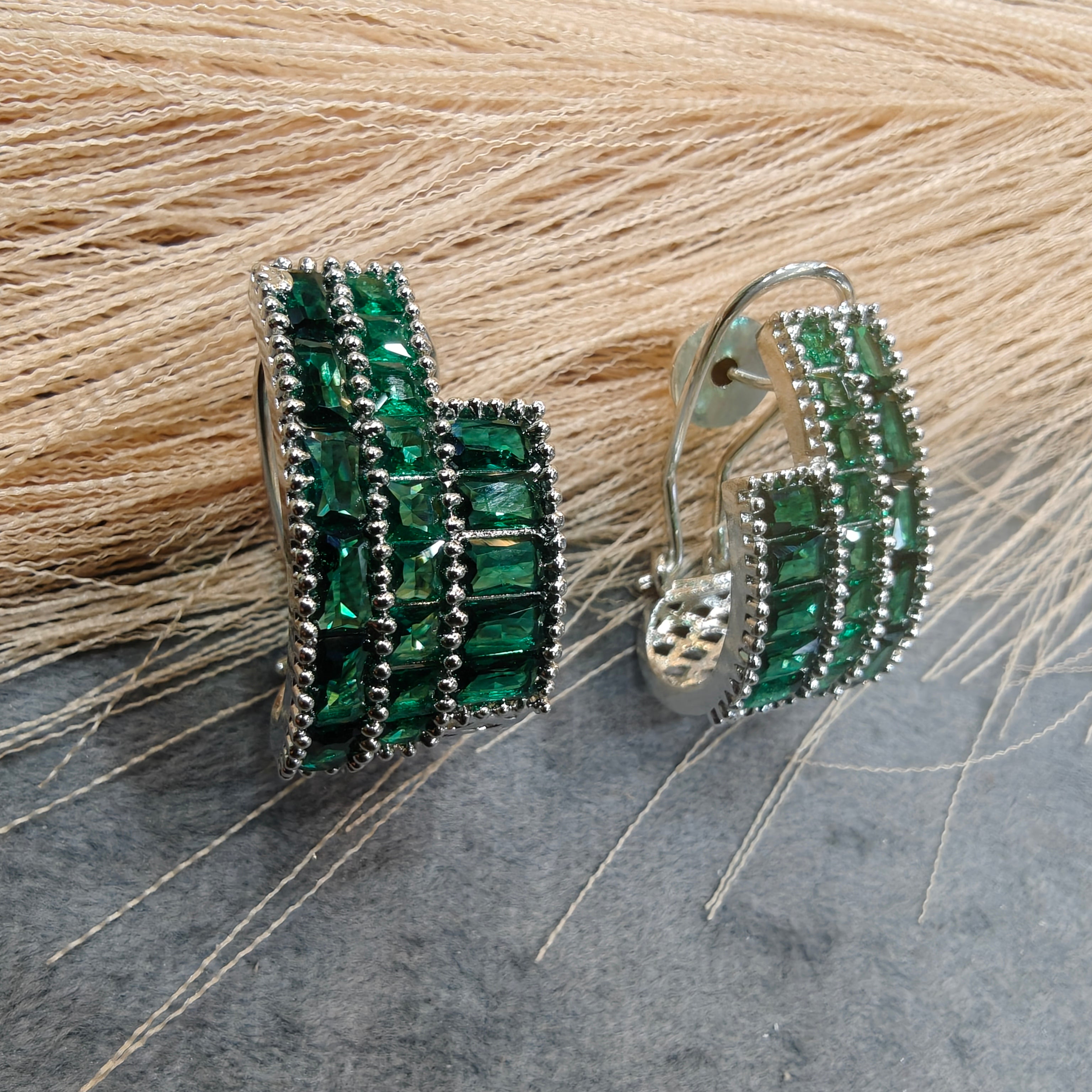 Supriya AD baguette Silver Plated Hoops - Green