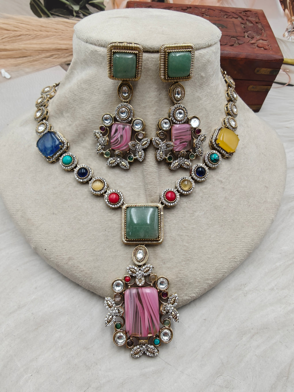 Mitali Sabya Inspired Gemstones Statement Necklace Set -Mint Multi