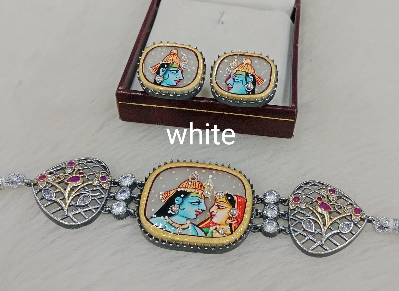 Radha Krishna Tanjore German Silver Choker Set- White
