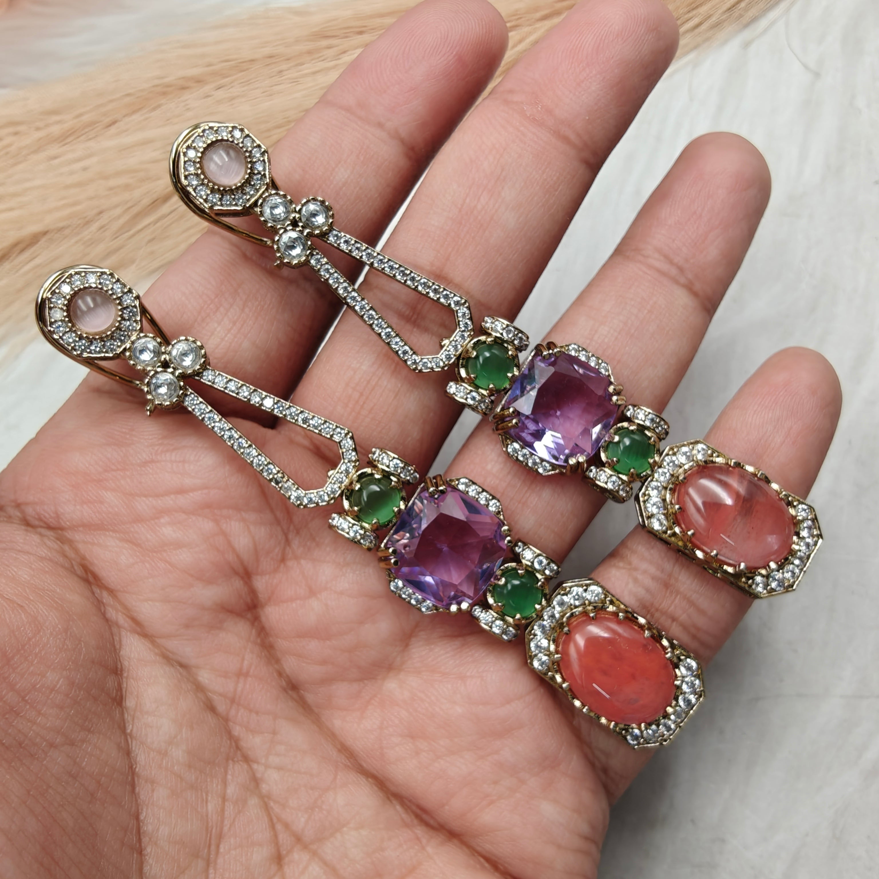 Rohini Sabya Inspired Gemstone Statement Earrings- Purple and Coral