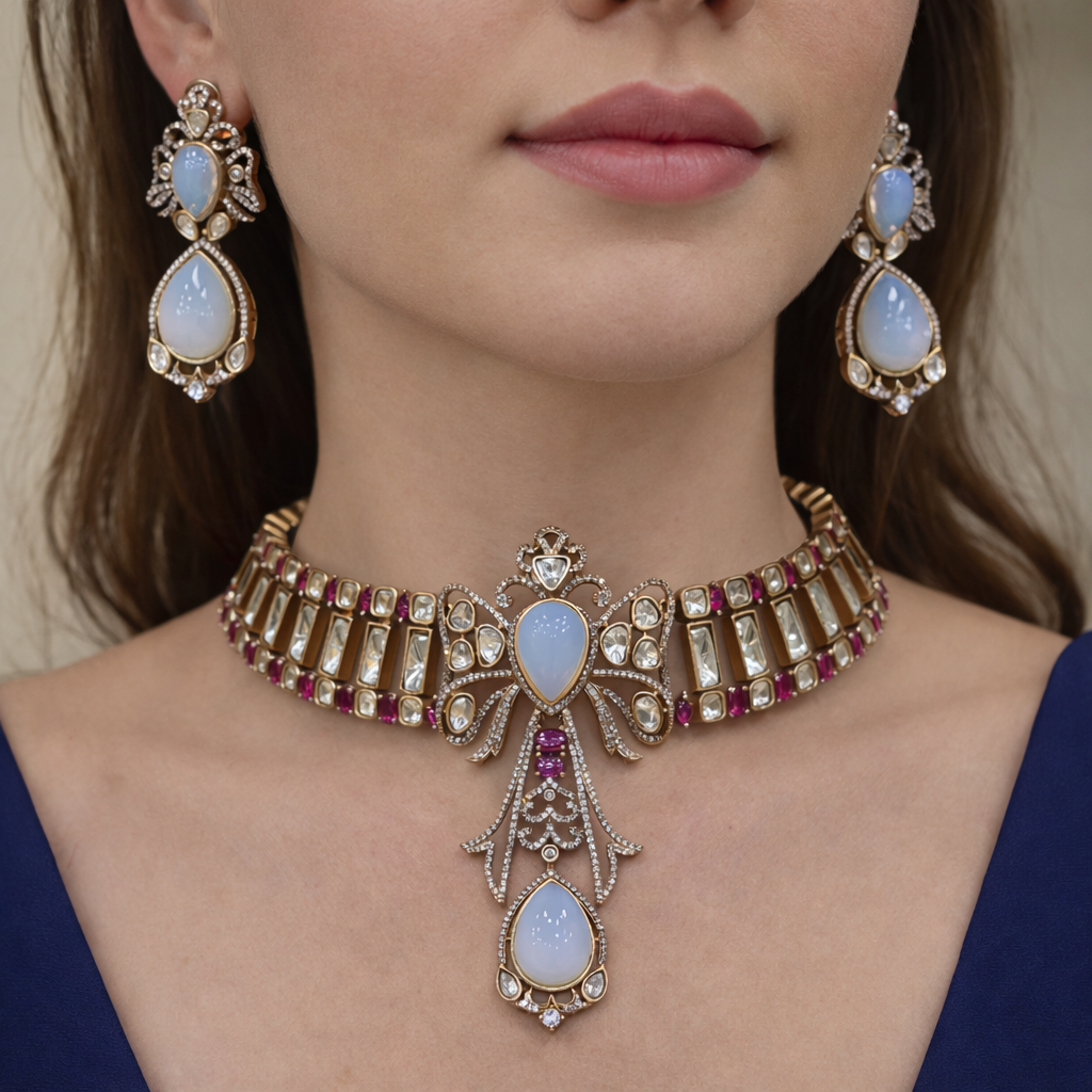 Mirza Opal and Moissanite Choker Set- White Ruby
