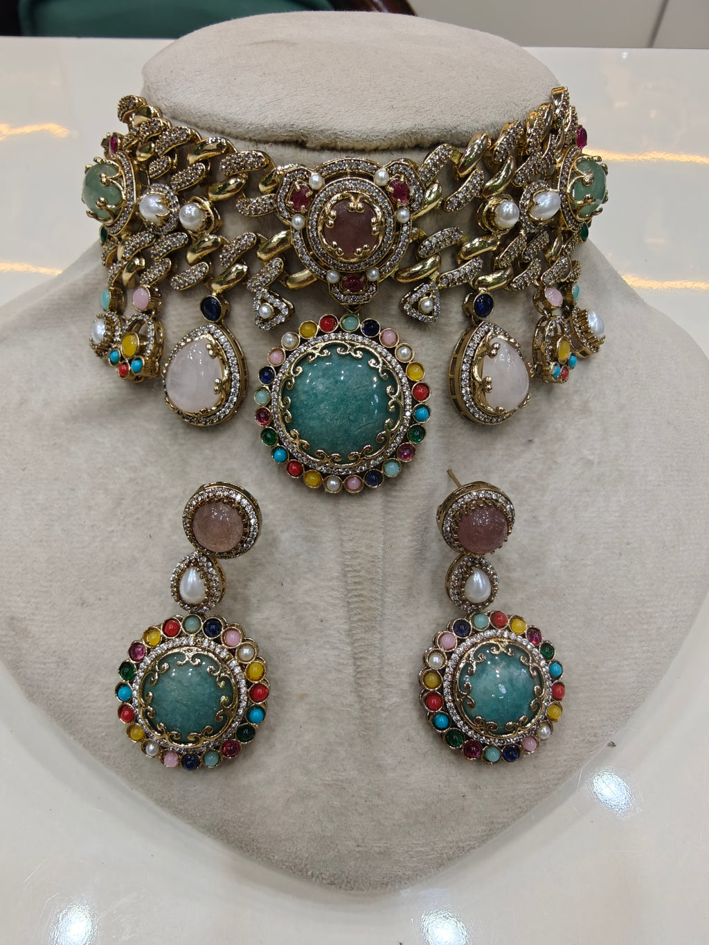 Elixir Sabyasachi inspired Gemstone Statement Choker Necklace Set