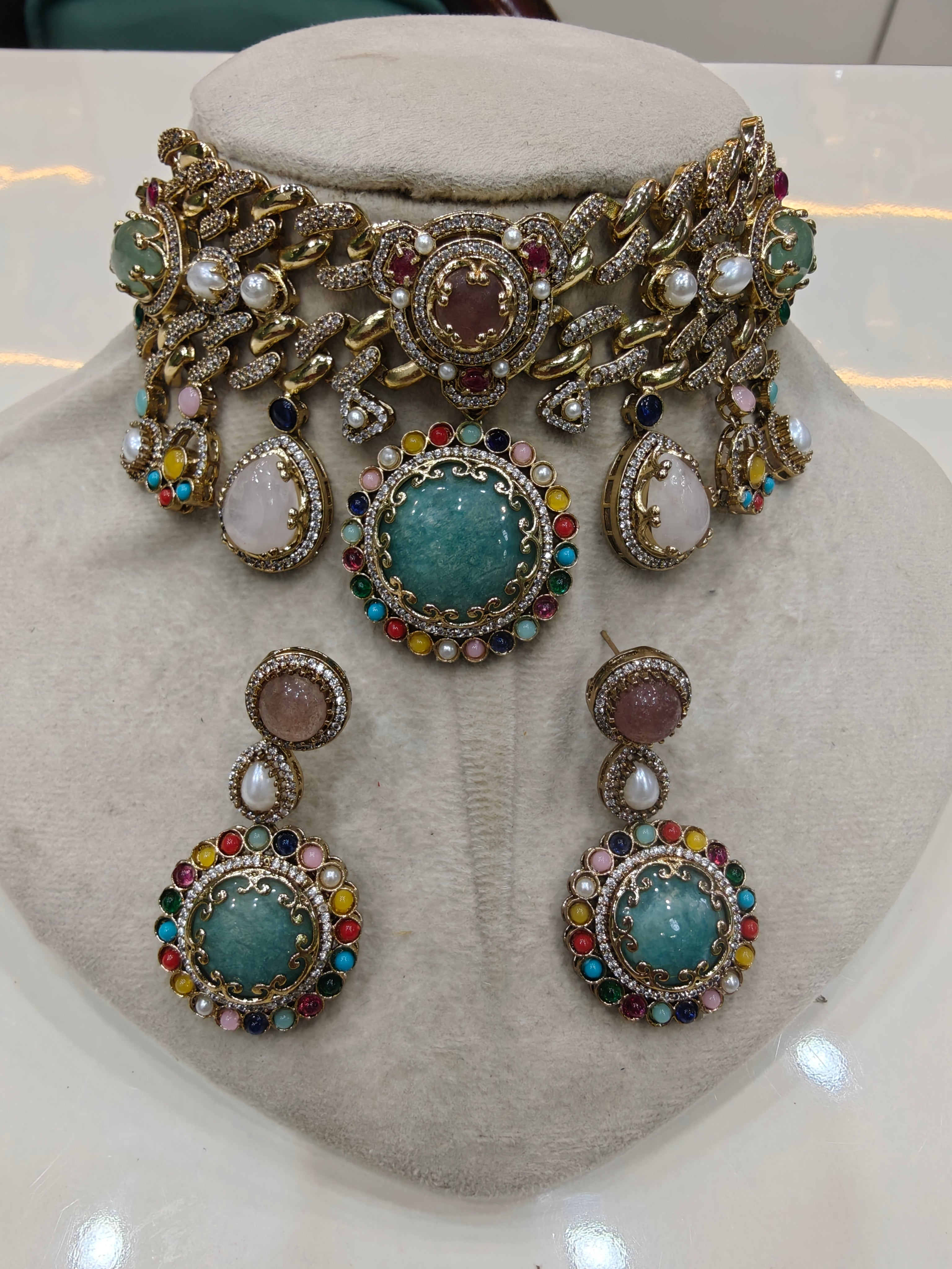 Elixir Sabyasachi inspired Gemstone Statement Choker Necklace Set