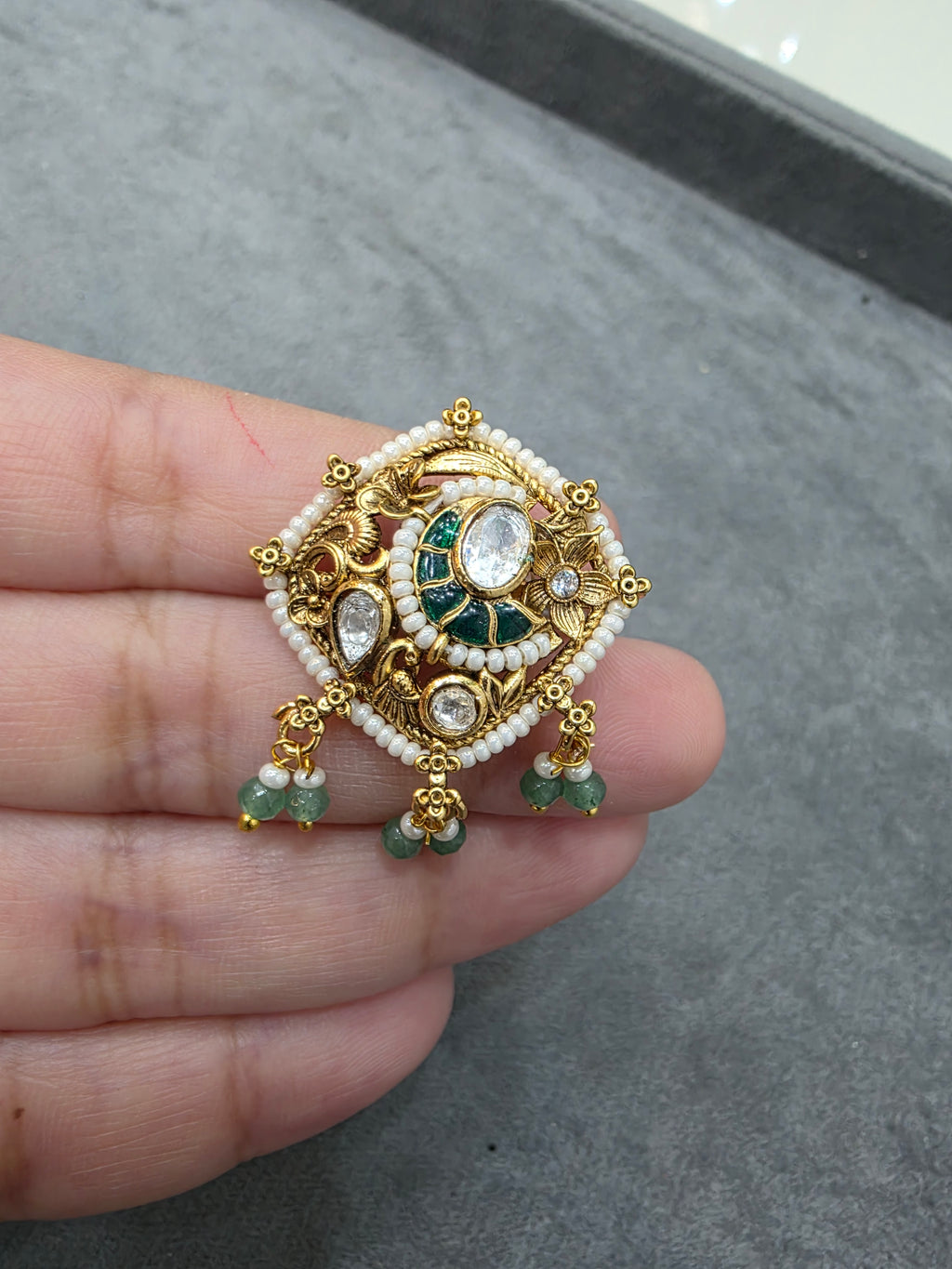 Chandani Heritage Brass Adjustable Ring - Green