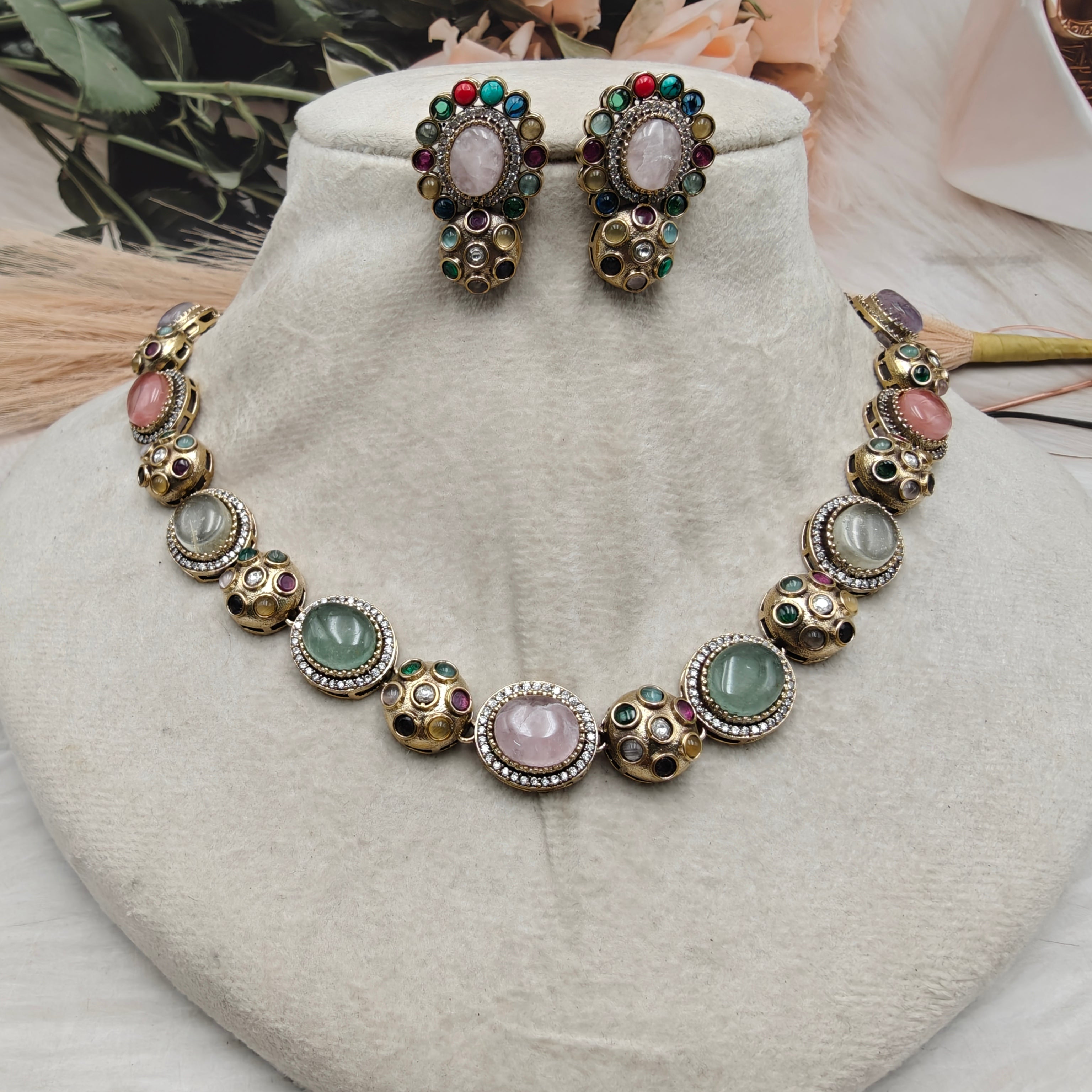 Sabyasachi Inspired Natural Stone Necklace Set- Pastel Multi
