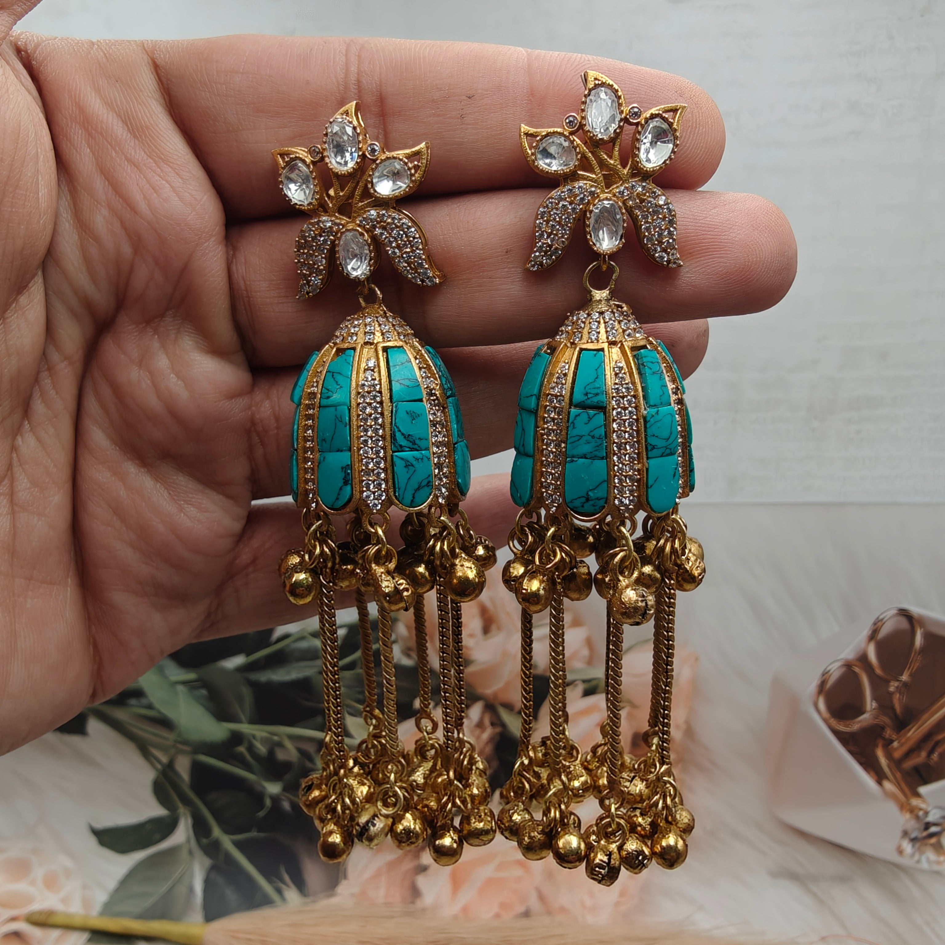 Varsha Takker Stone and Uncut Polki Brass Fusion Kashmiri Jhumki- Turquoise