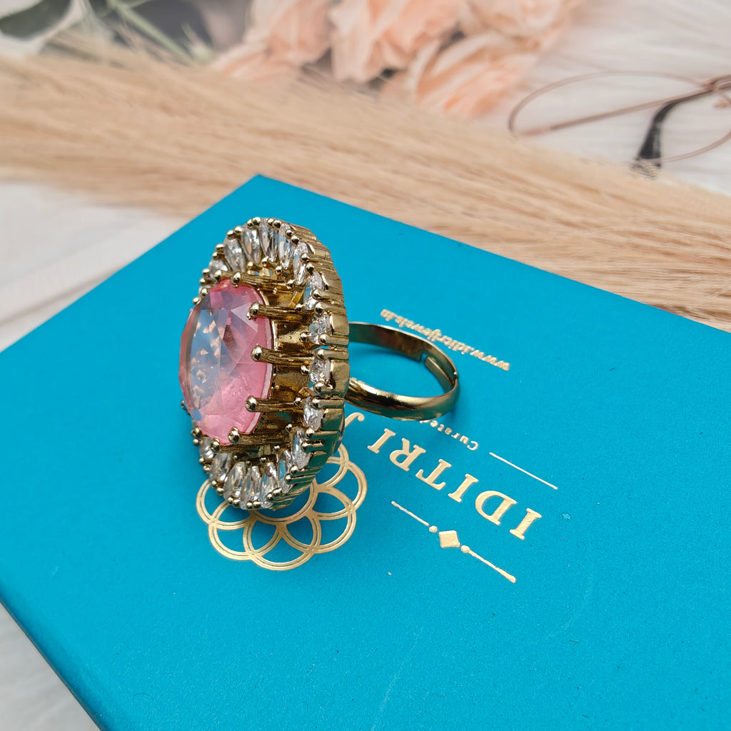 Naisha Doublet AD Adjustable Cocktail Ring- Pink Coral