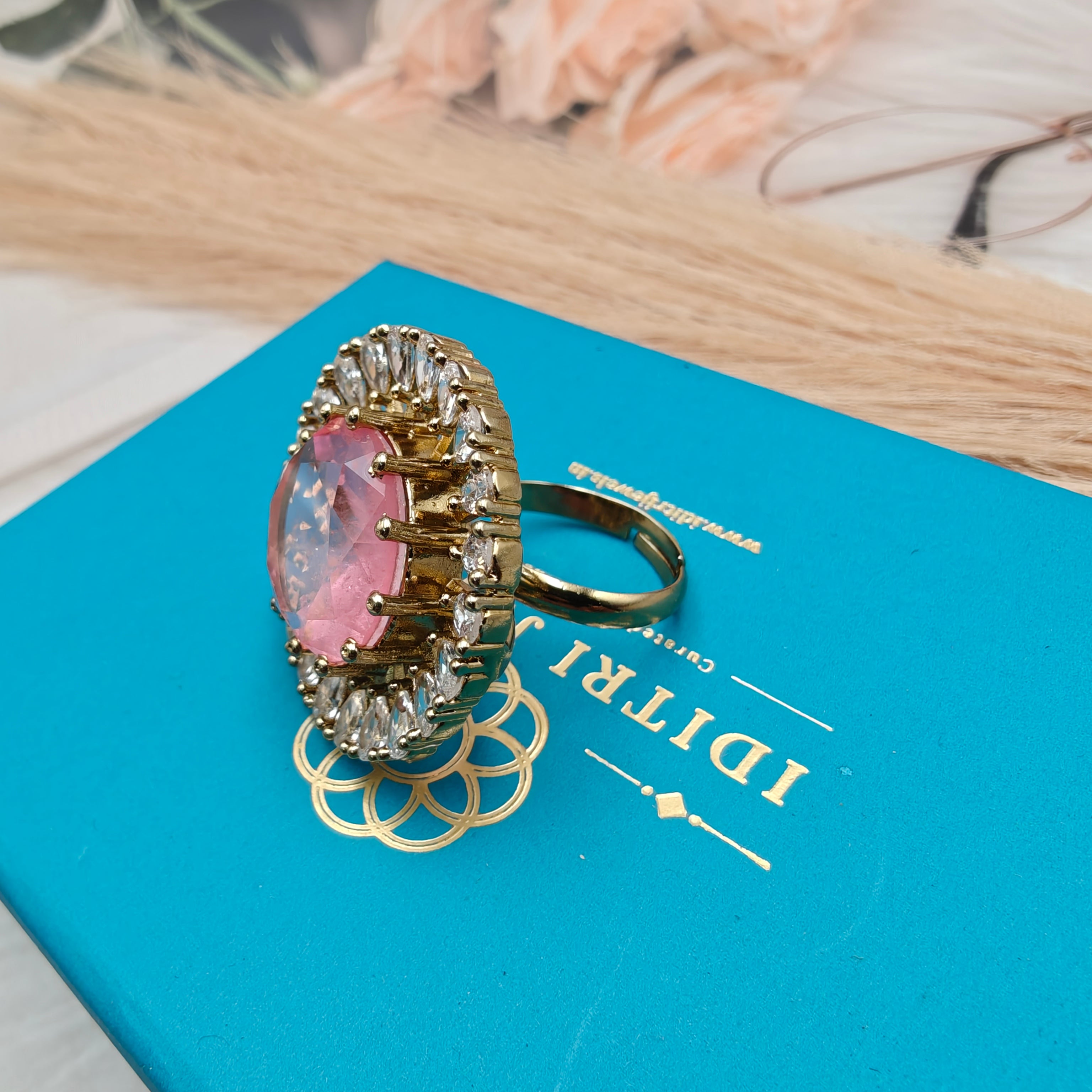 Naisha Doublet AD Adjustable Cocktail Ring- Pink Coral