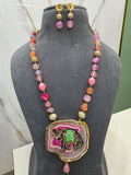 Elephant Natural Stone Tanjore Necklace Set- Pink