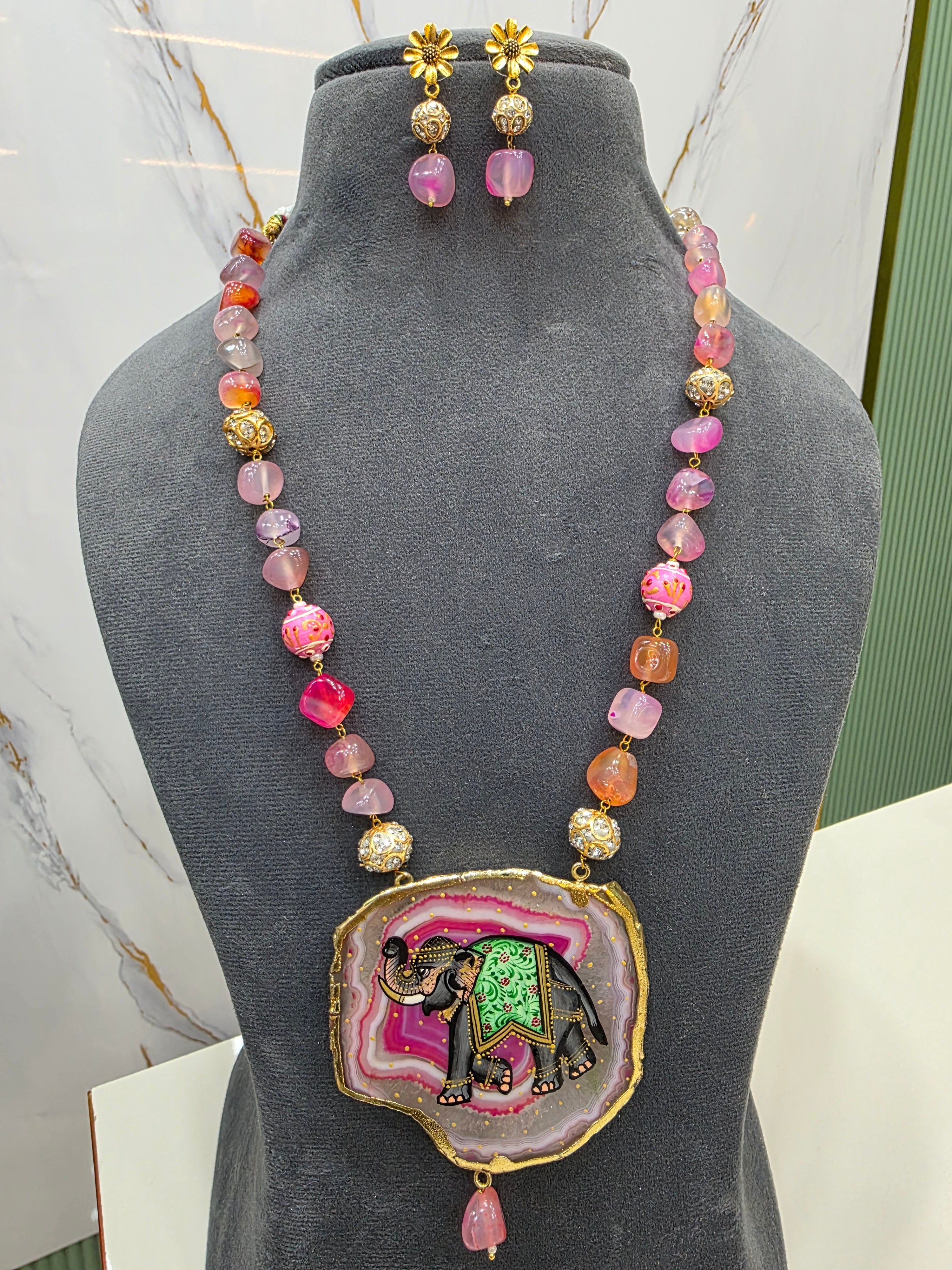 Elephant Natural Stone Tanjore Necklace Set- Pink