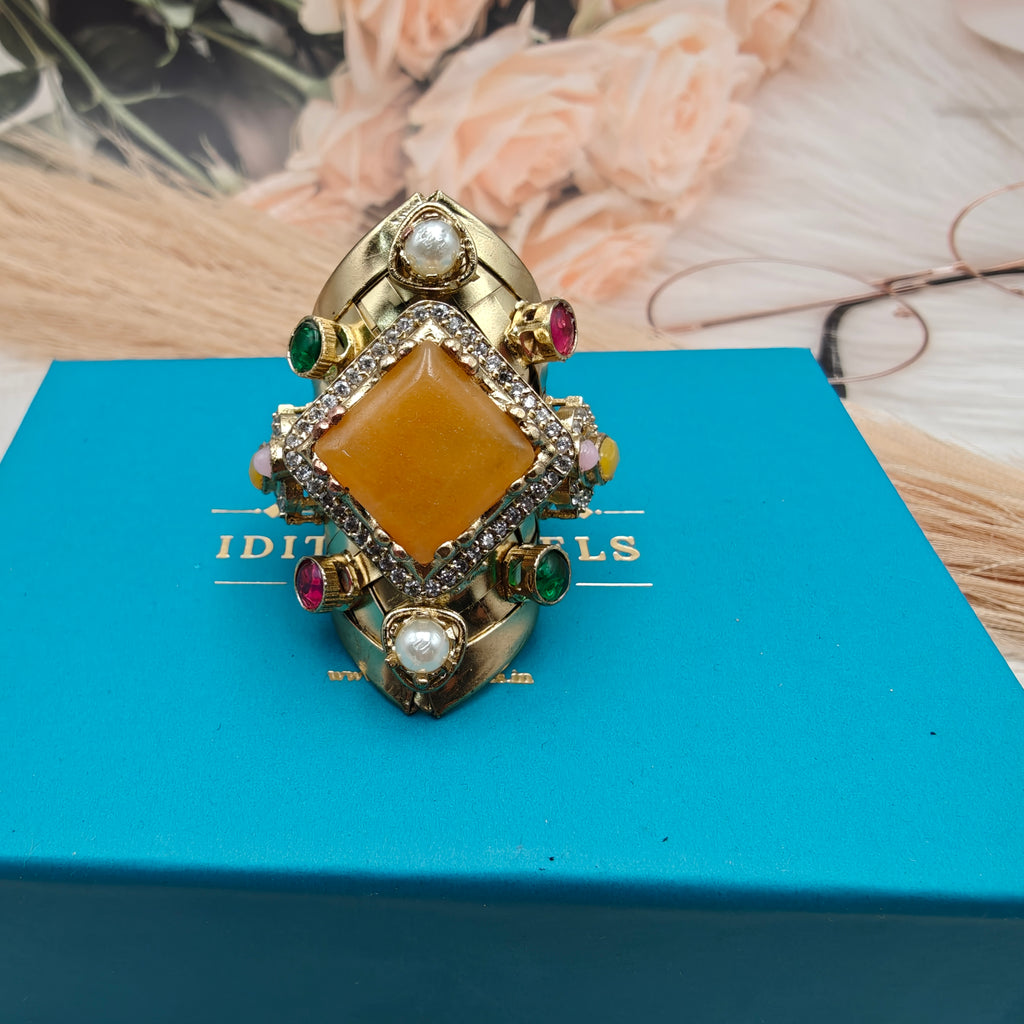 Anshika Brass Fusion Handcrafted Gemstone Sabya Inspired Statement Ring- Mango Yellow