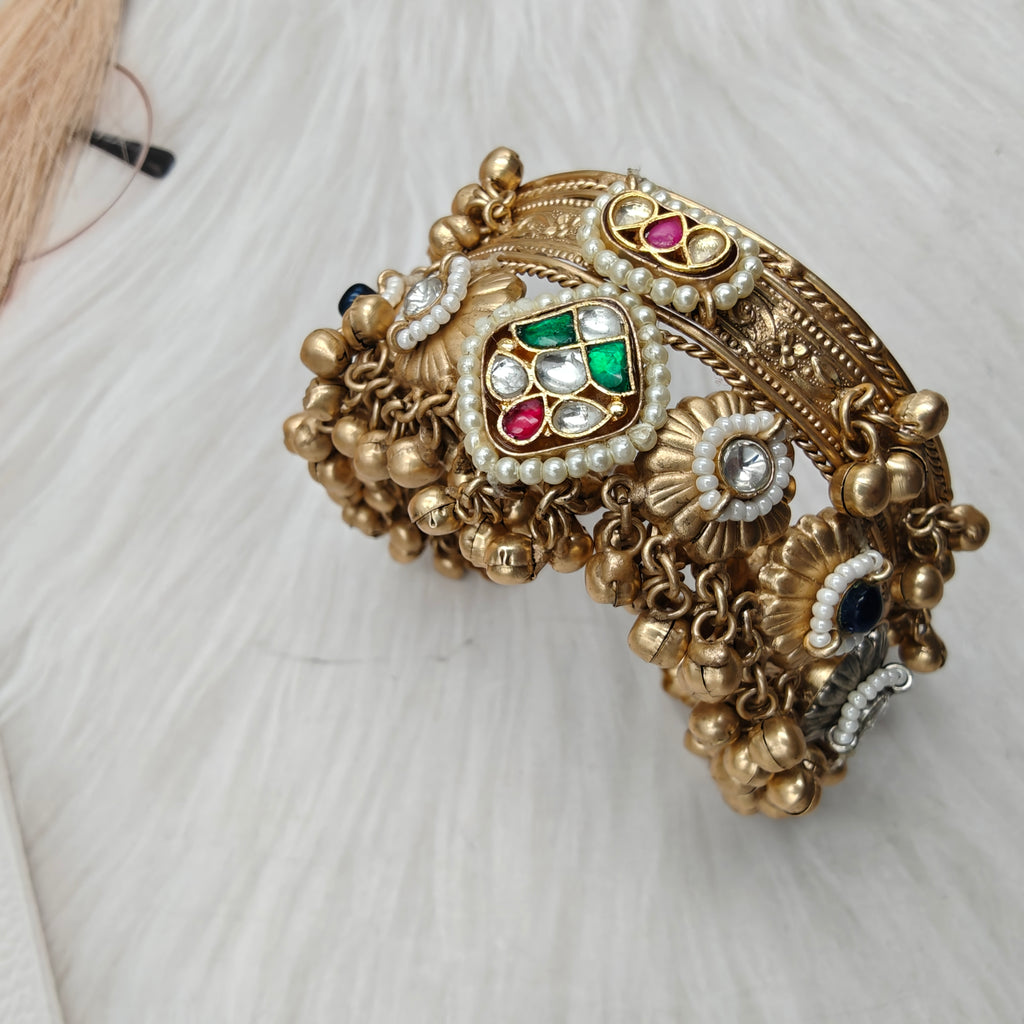 Veda Brass Pachi Kundan Fusion Handcuff- Blue Multi