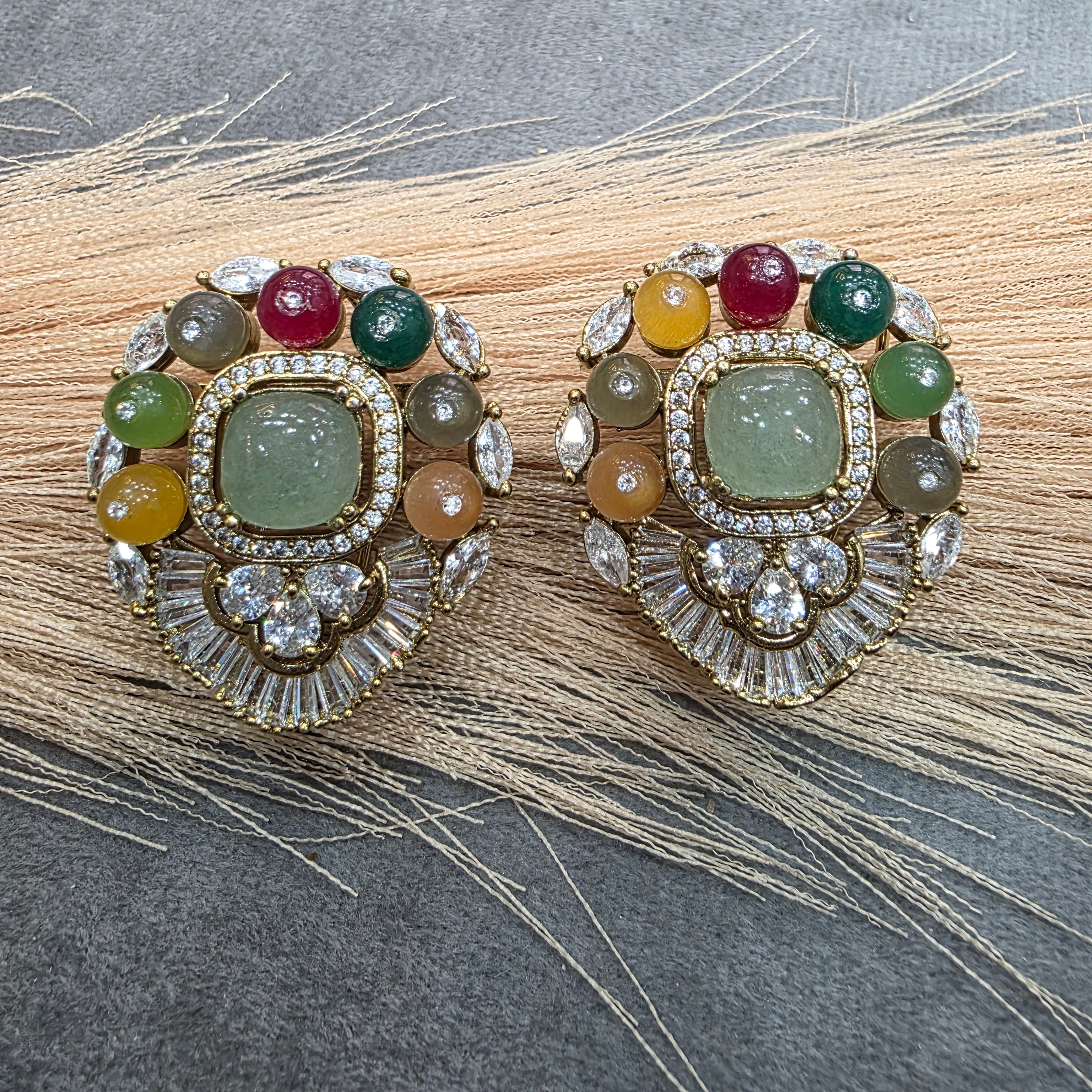 Ibadat Sabya Inspired Gemstone Studs- Mint Green Multi