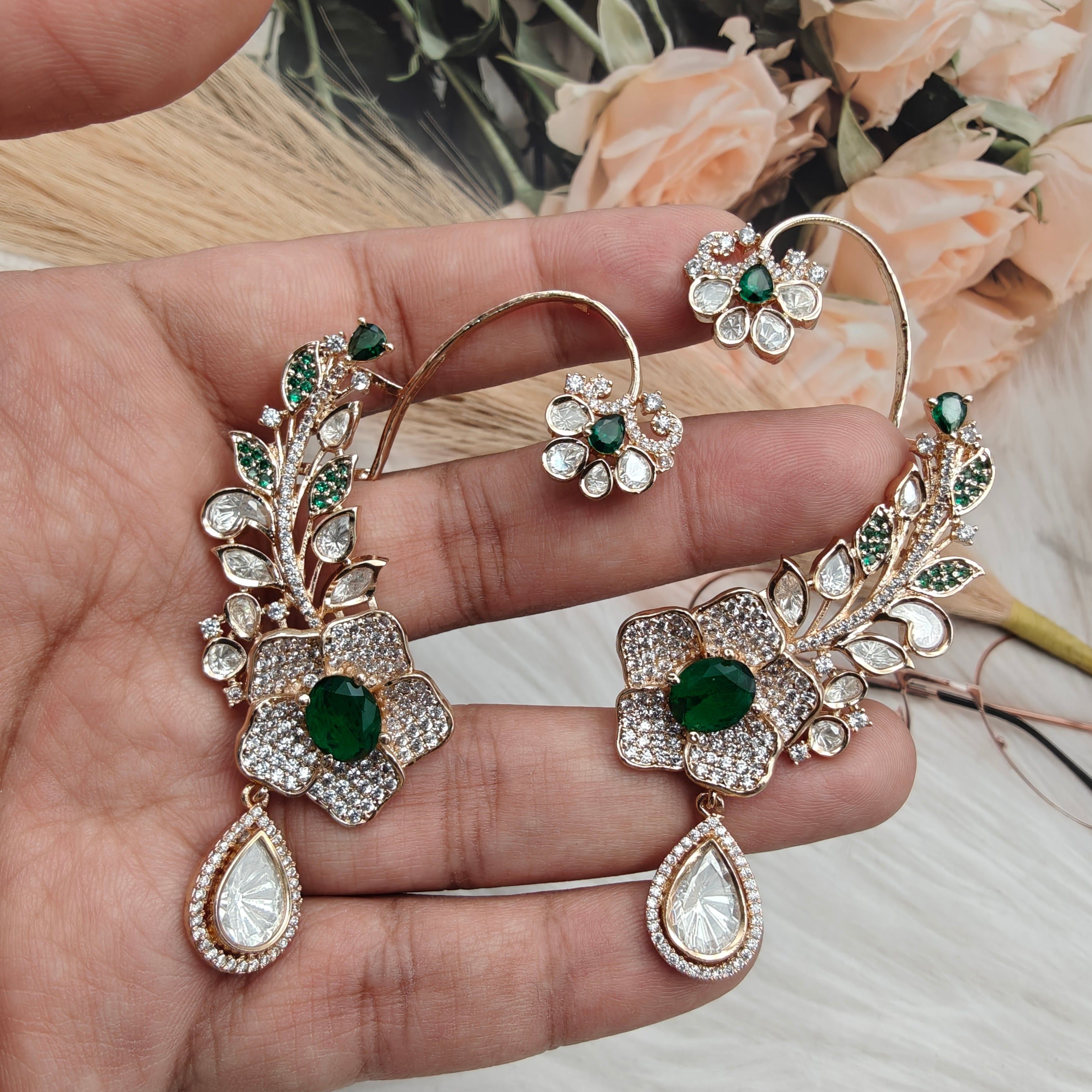 Zayra Doublet and Moissanite Kundan Earcuffs - Green