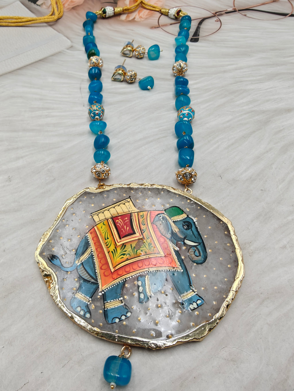 Elephant Tanjore Natural Stone Necklace Set - Teal Blue