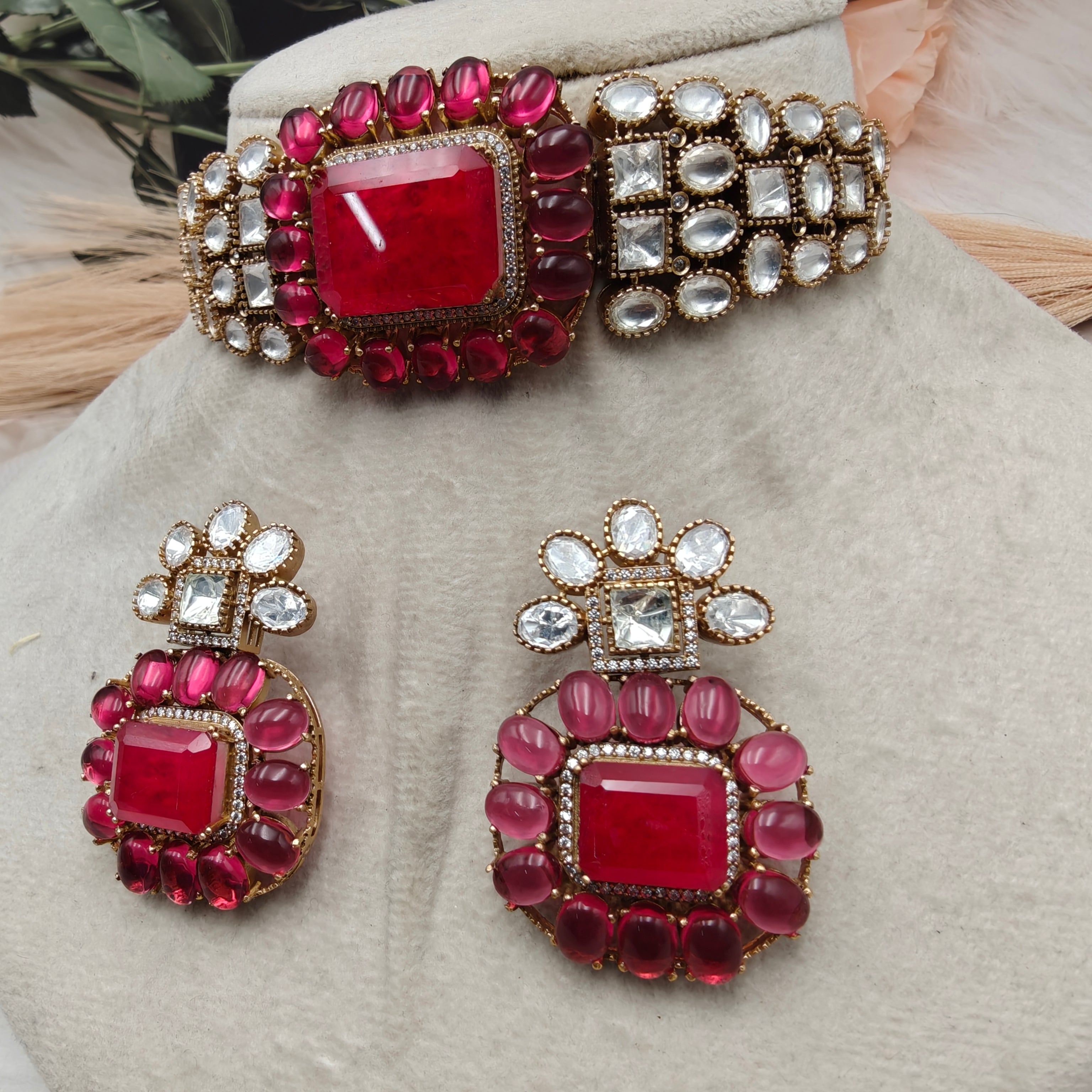 Vaishali Tanzanite Doublet and Moissanite Choker Set- Red