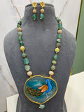 Peacock Natural Stone Tanjore Necklace Set- Green