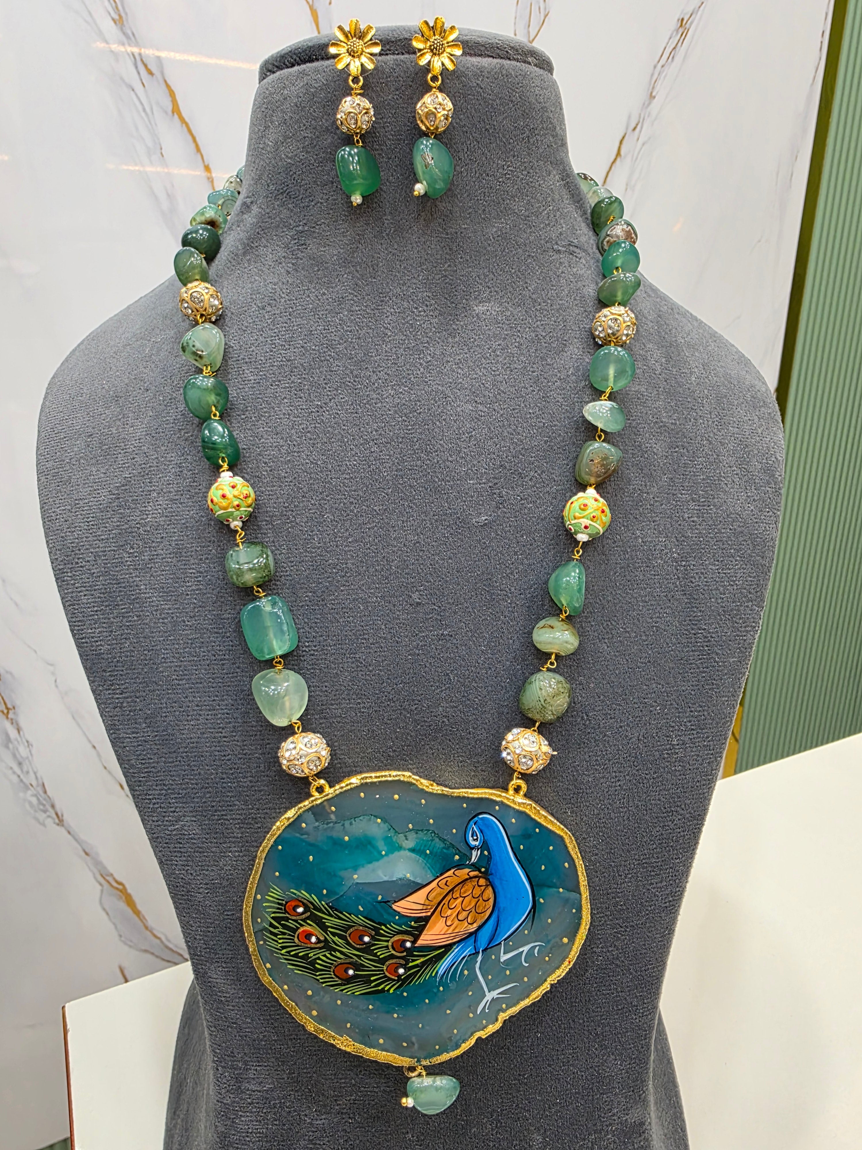 Peacock Natural Stone Tanjore Necklace Set- Green