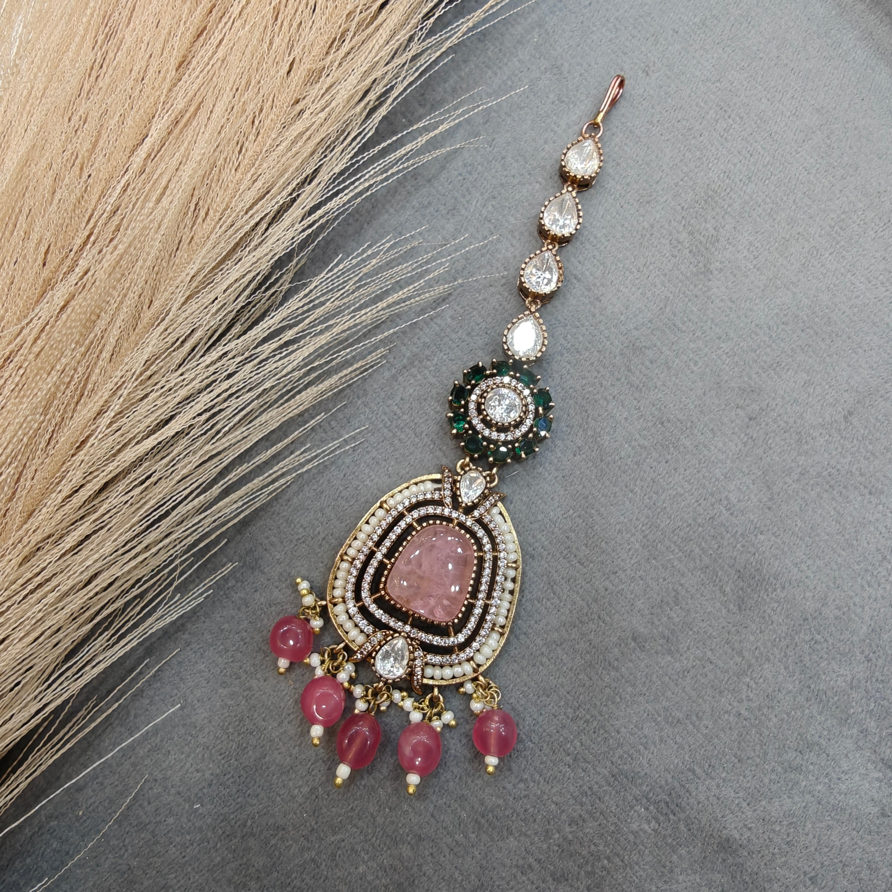 Doublet Uncut Moissanite Mangtikka- Pink