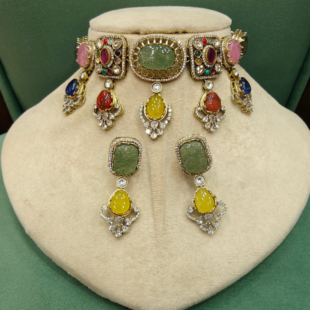 Satakshi Sabya Inspired Choker Necklace Set- Mint Multi