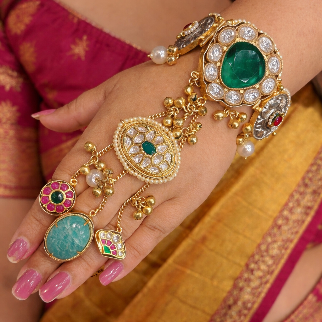 Shaheen Handcrafted Brass Fusion Hathphool-Green and Aquamarine