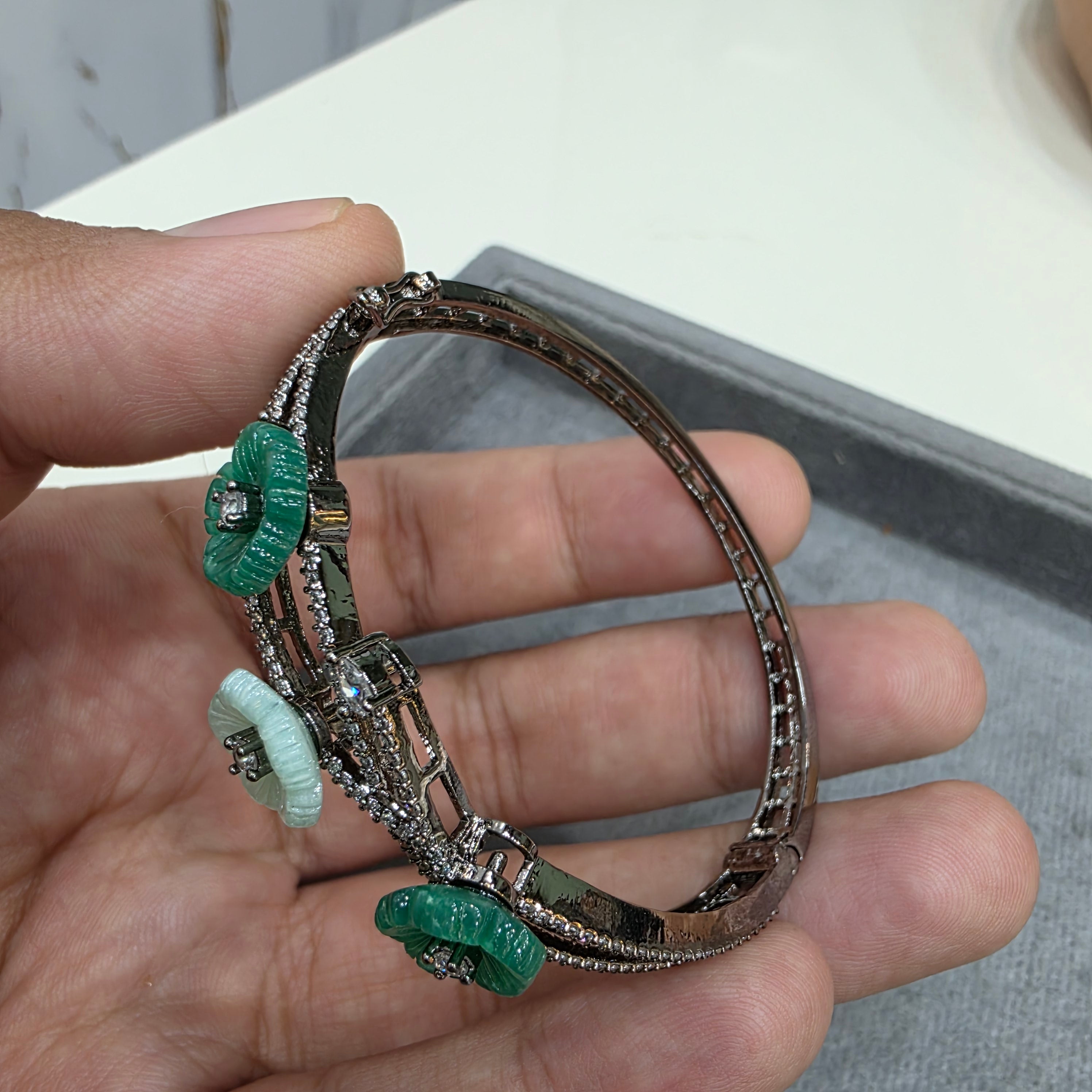 Shreya Carved Stone Openable Bracelet - Green Mint