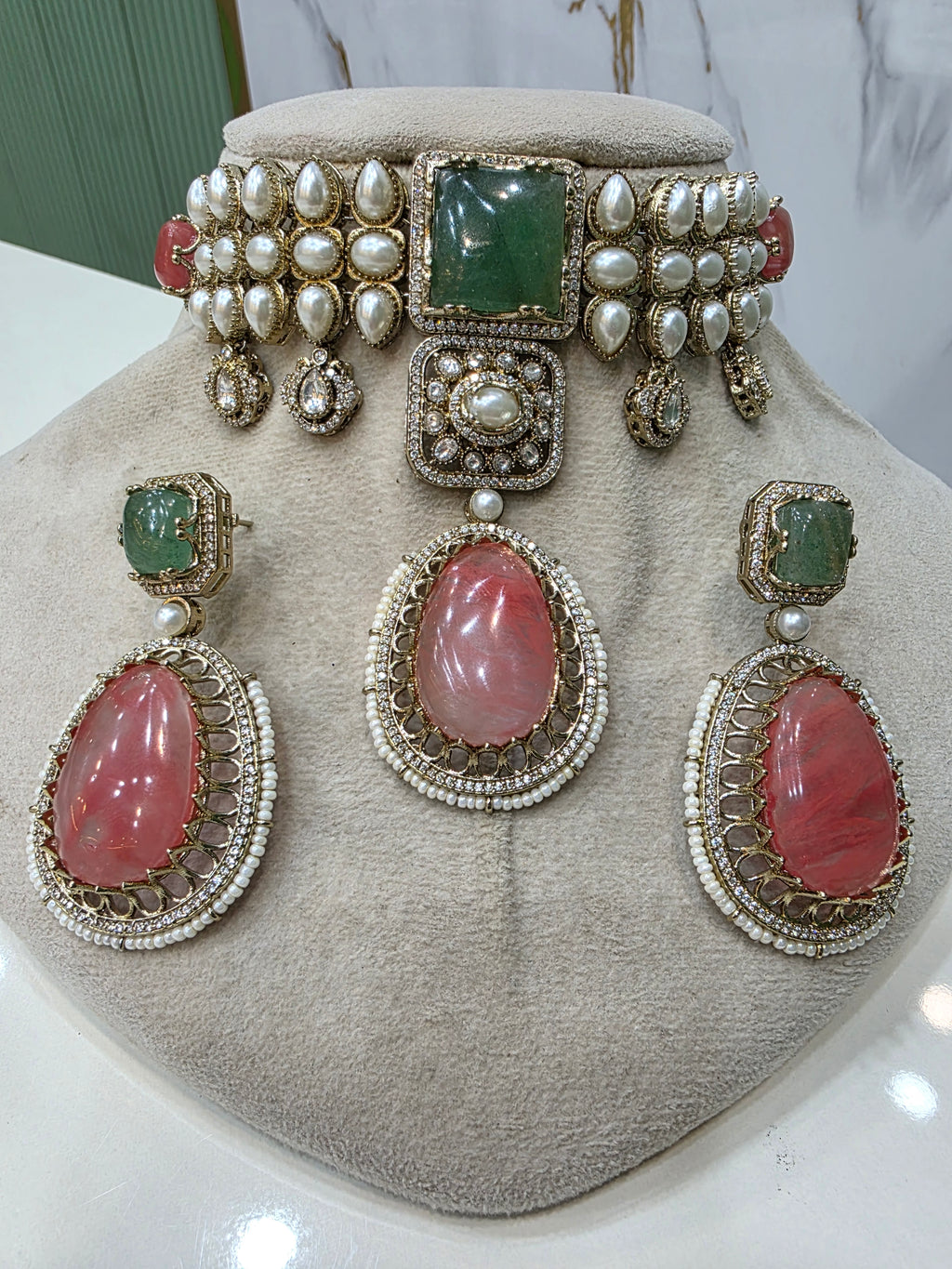 Alokika Sabya Inspired Pearl and Natural Stone Necklace Set