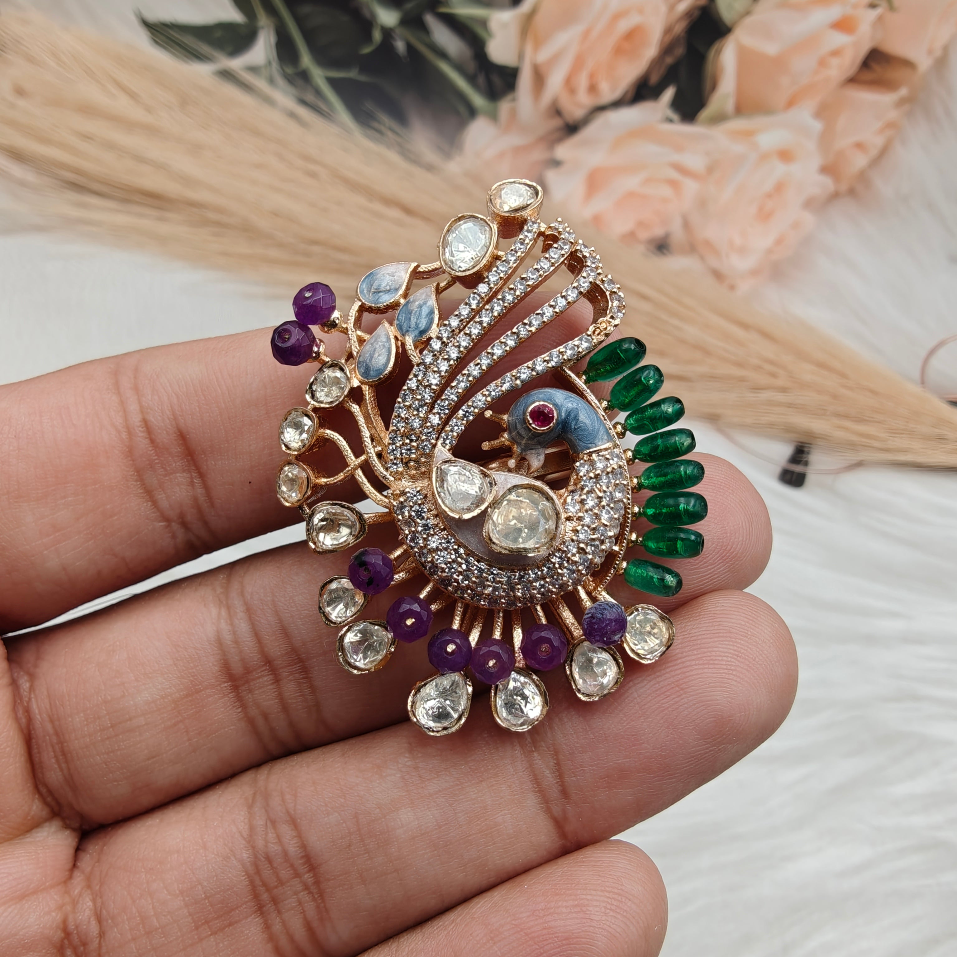 Mayuma Peacock Statement Italian Enamel Moissanite Ring - Purple n Green