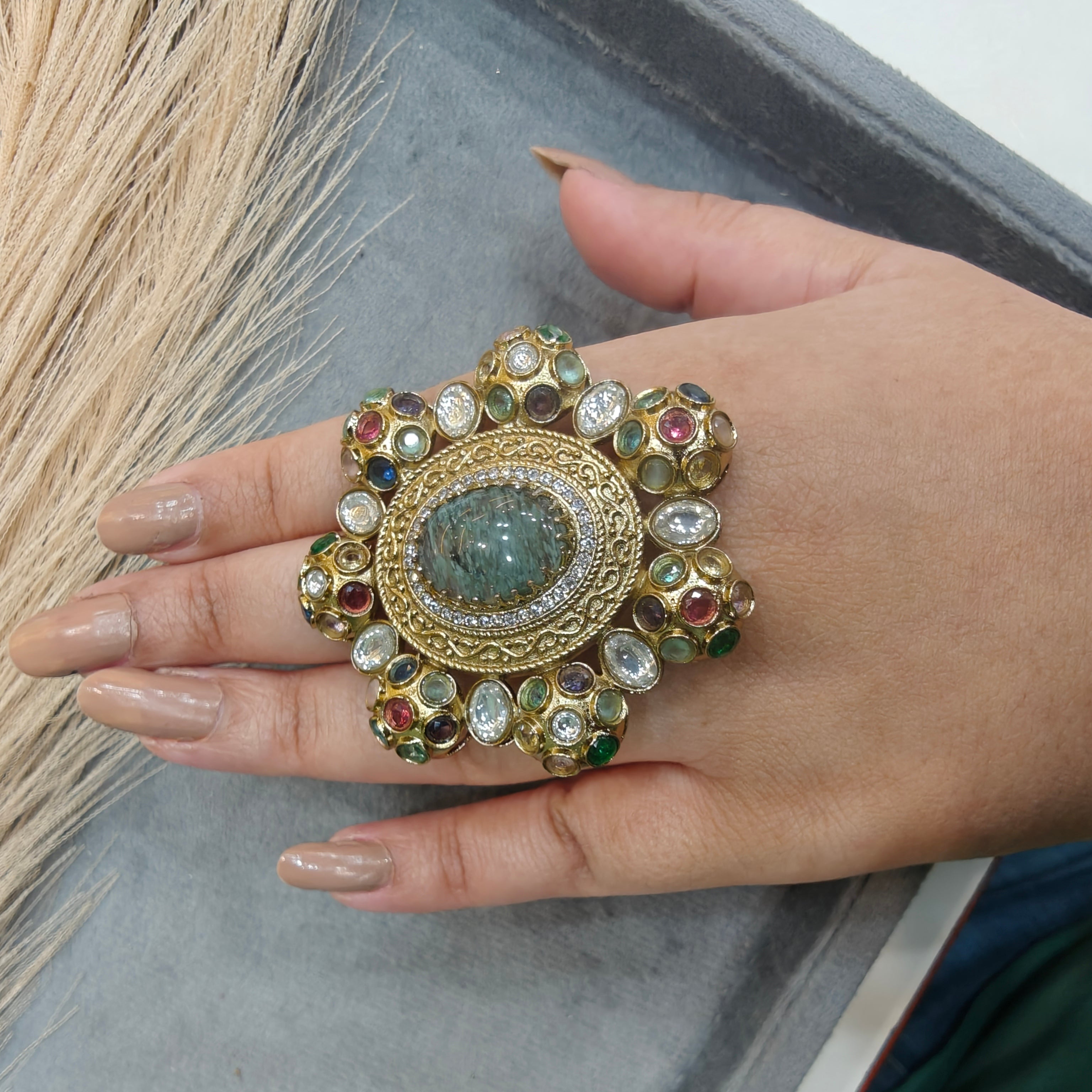 Sabyasachi Inspired Big Size Cocktail Adjustable Ring- Moss Green