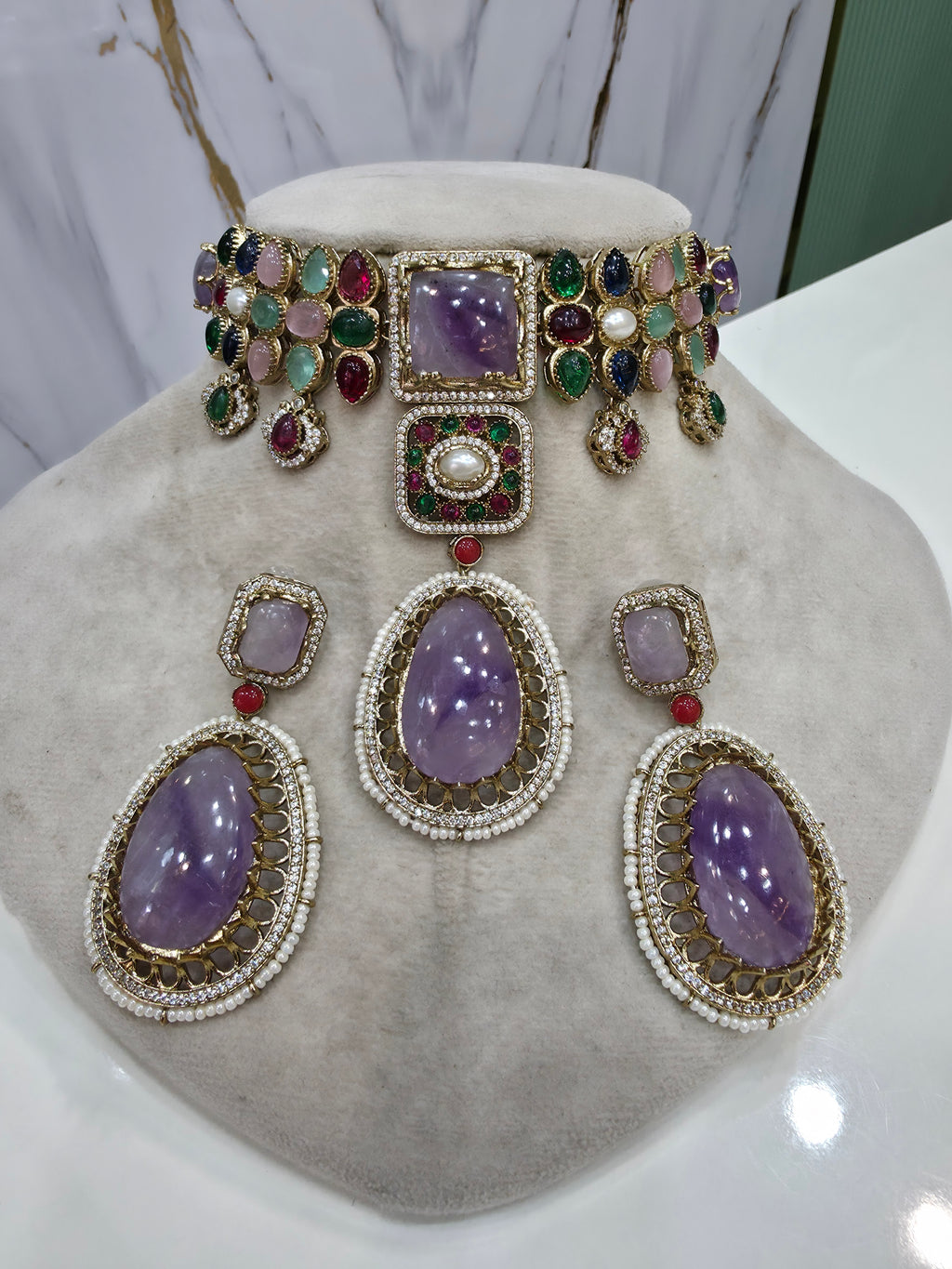 Alokika Sabya Inspired Pearl and Natural Stone Necklace Set- Purple Multi