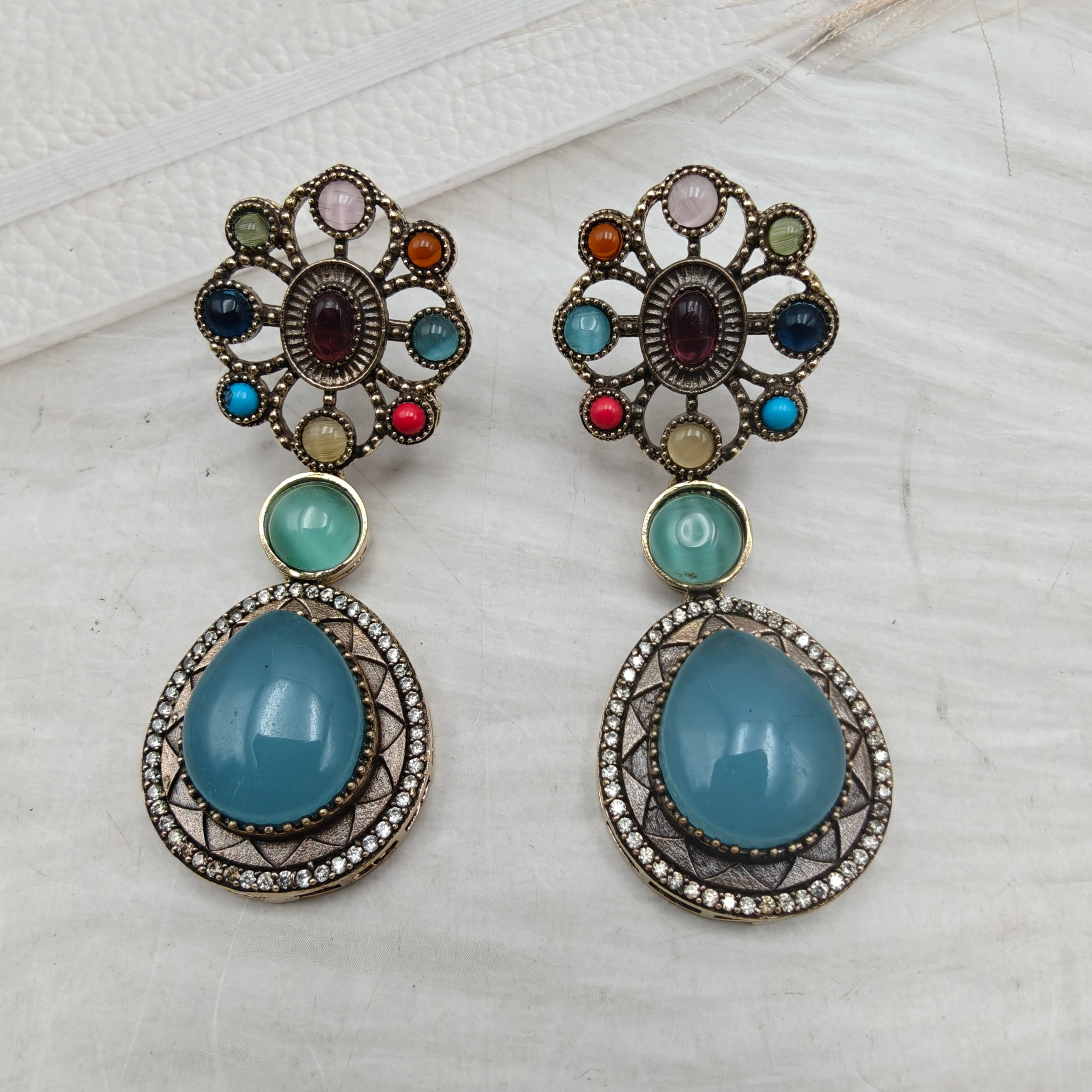 Ruban Gemstone Earrings- Sky Blue Multi