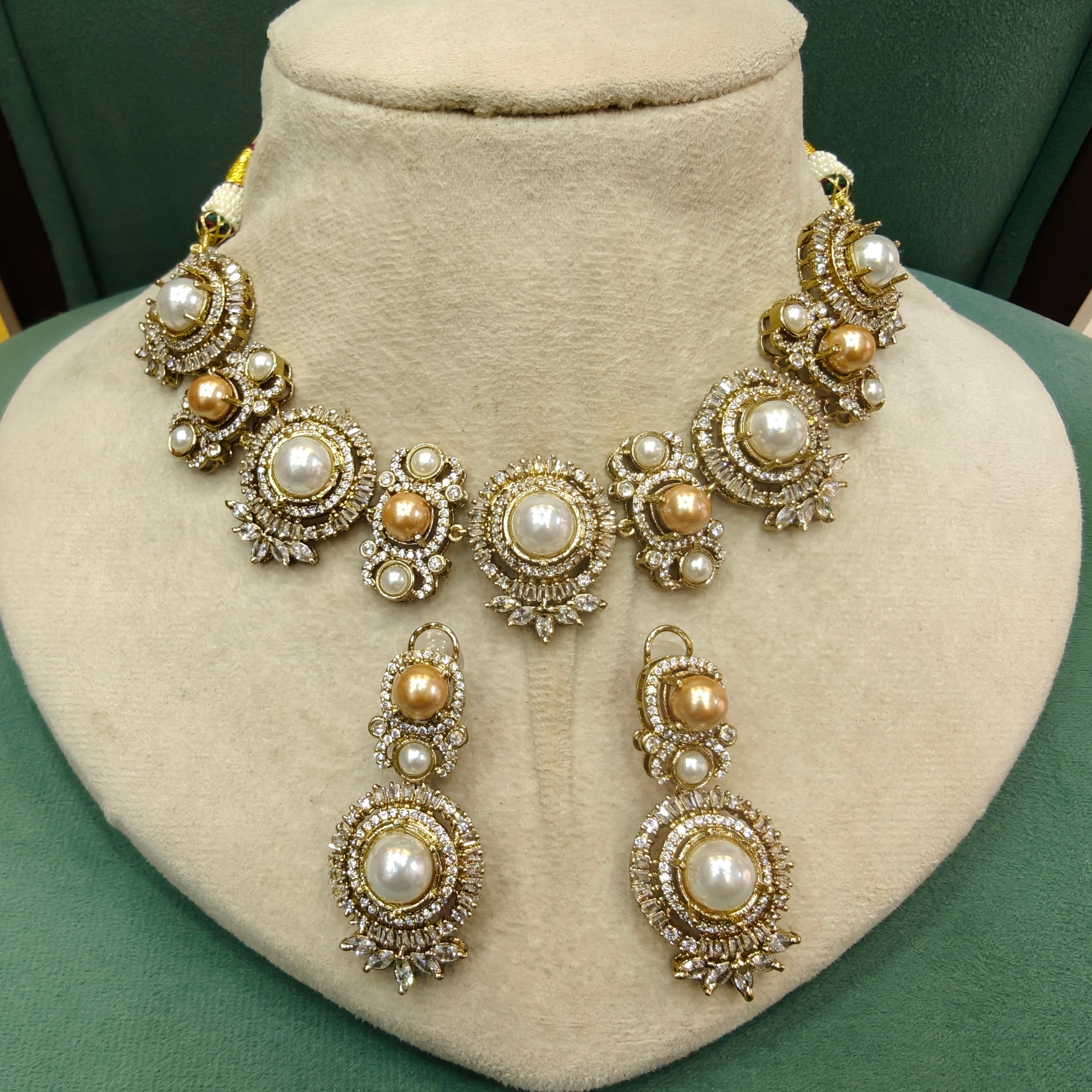 Shilpi Sabya Inspired Pearl Choker Necklace Set- White And Golden Pearl