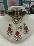 Achla Moissanite Hasli Style Necklace (Victorian Finish) - Green Ruby Red