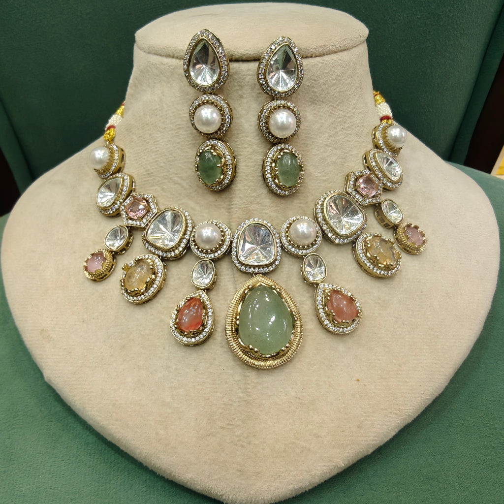 Priya Sabya Inspired Polki Fusion Necklace Set- Mint Multi