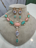Alia Cannes Inspired Necklace Set - Sea Green Peach ( Carat Gold Finish)