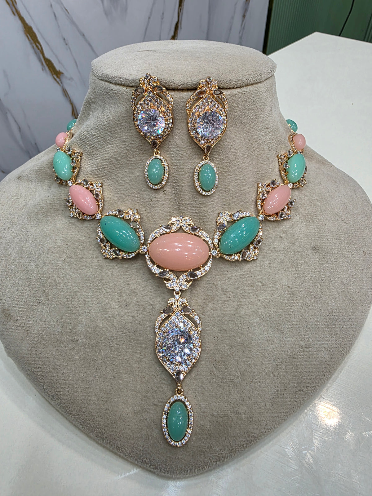 Alia Cannes Inspired Necklace Set - Sea Green Peach ( Carat Gold Finish)